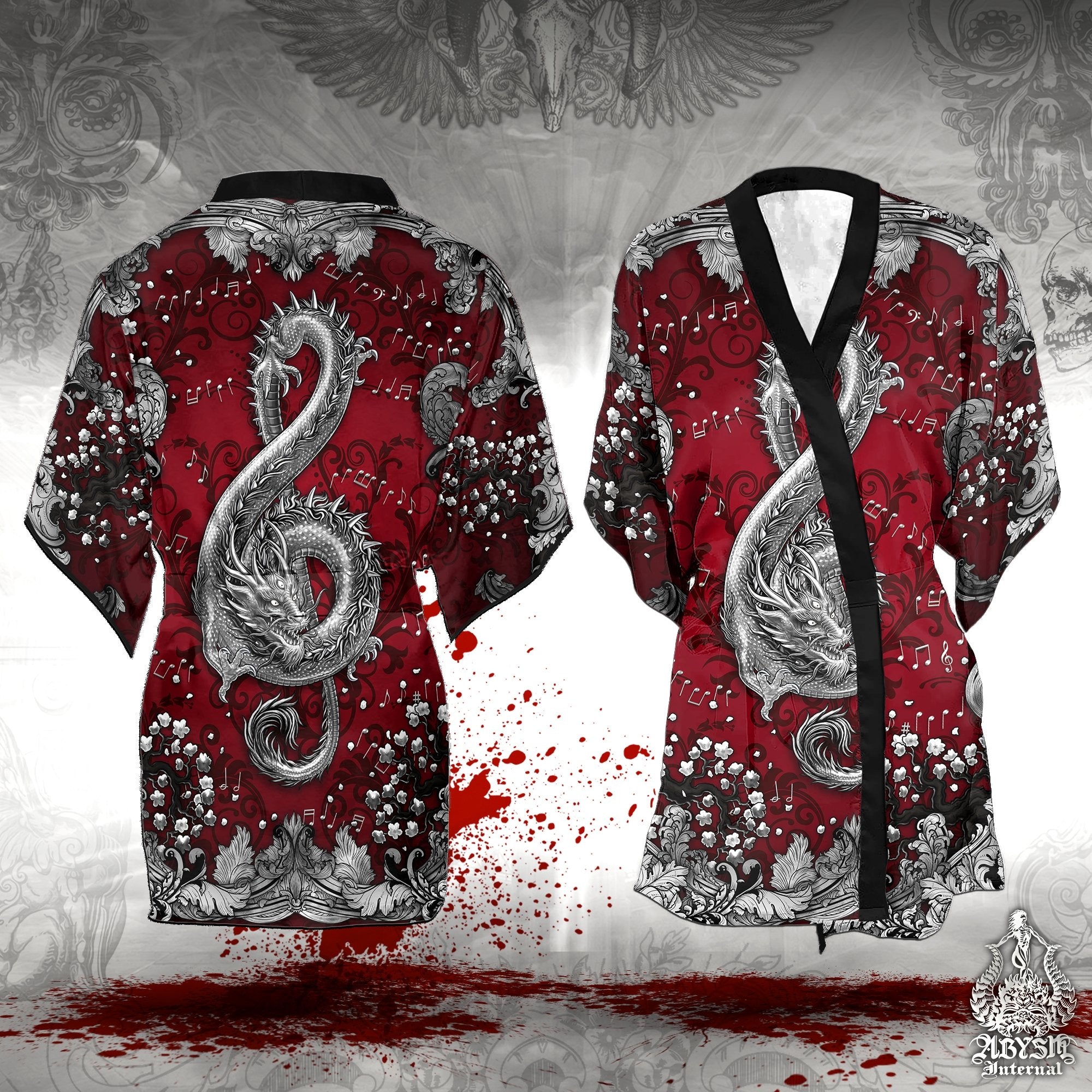 Music Short Kimono Robe, Beach Party Outfit, Coverup, Summer Festival,  Indie and Alternative Clothing, Unisex - Dragon, Silver Red