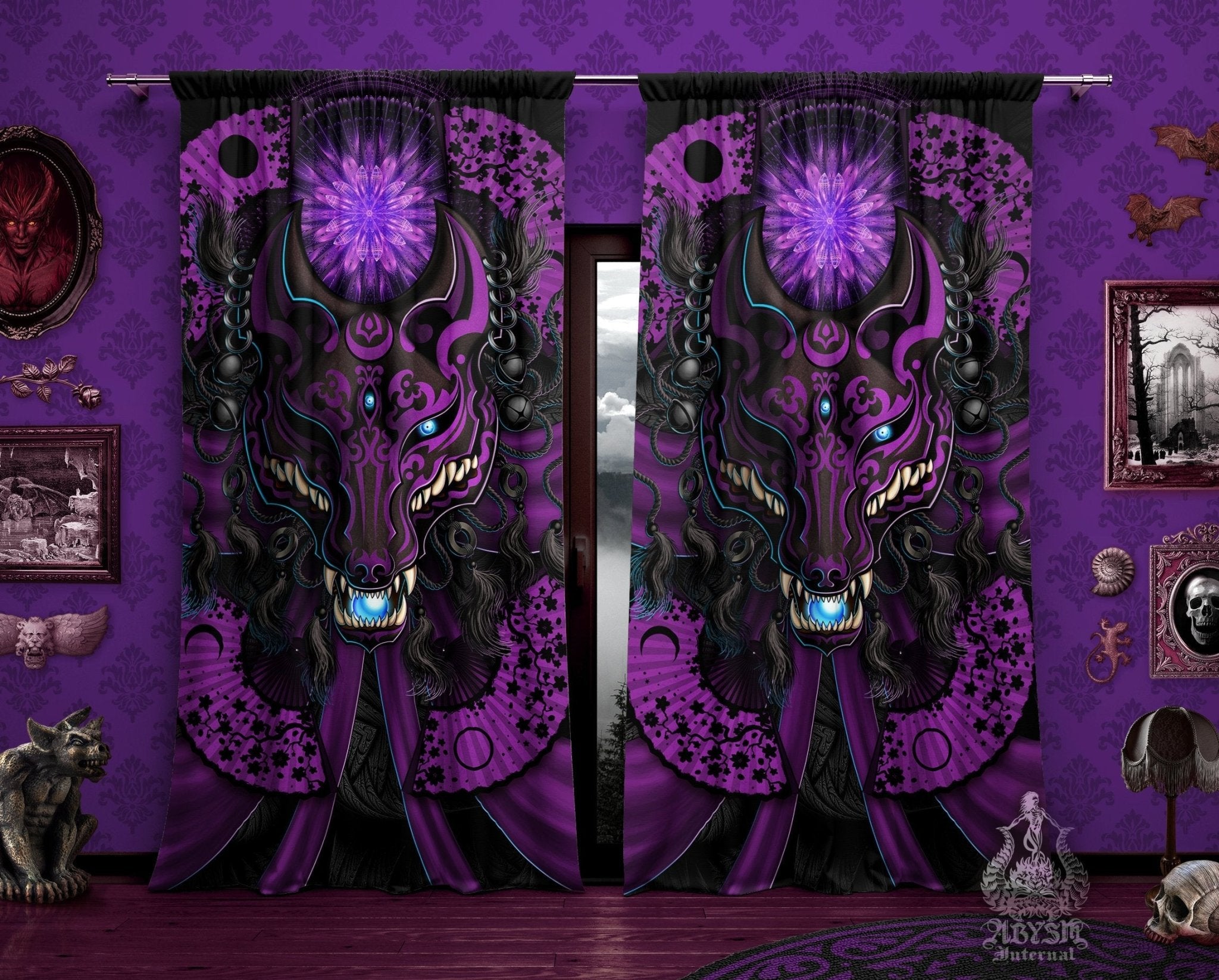 Pastel Goth Blackout Curtains, Long Window Panels, Kitsune Mask, Anime Room Decor, Okami, Art Print - Black & Purple - Abysm Internal