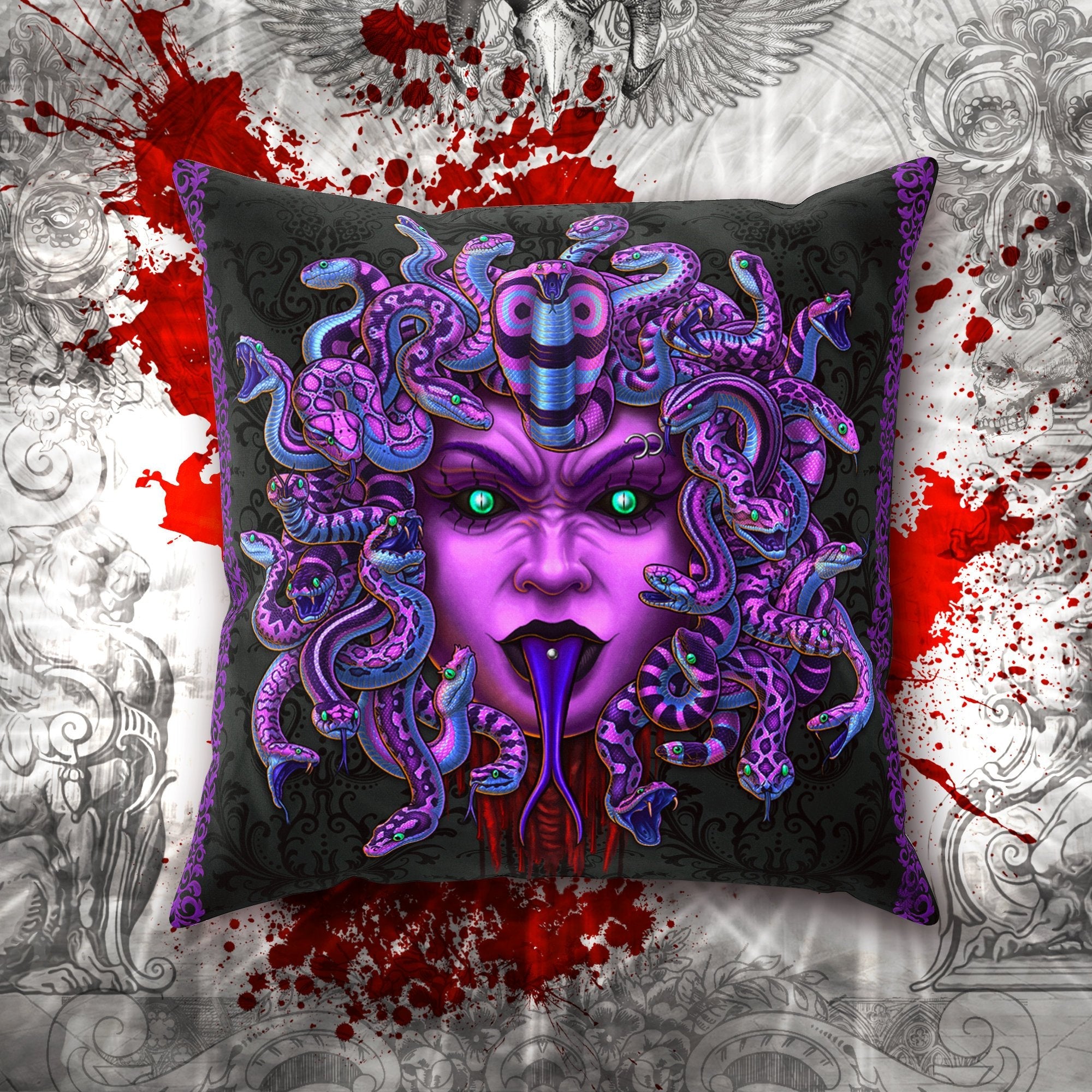 Pastel Goth Throw Pillow, Decorative Accent Cushion, Medusa, Gothic Room Decor, Psy Art, Alternative Home - Purple & Snakes - Abysm Internal
