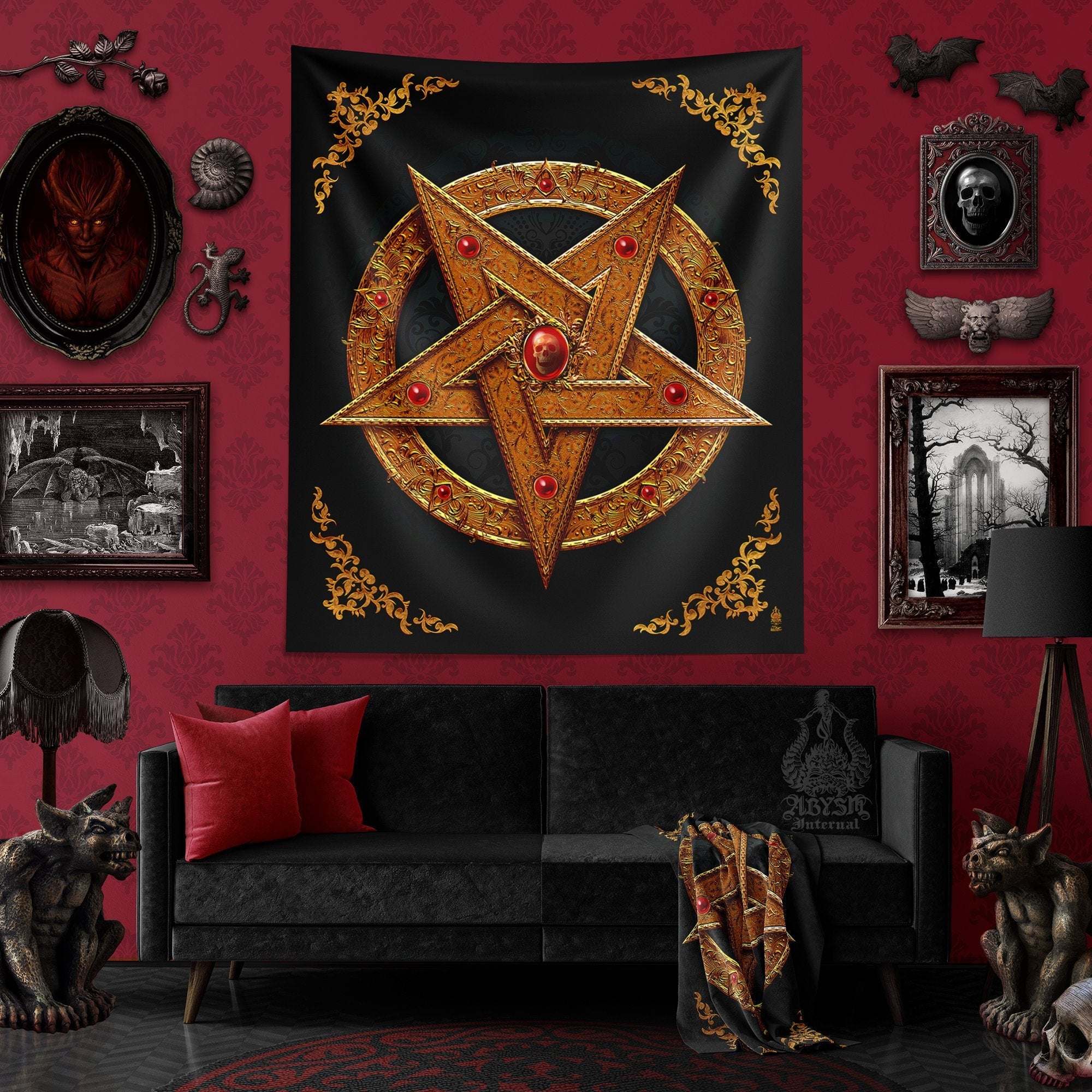Pentagram Tapestry, Occult Wall Hanging, Satanic Home Decor, Vertical Art  Print - Gold