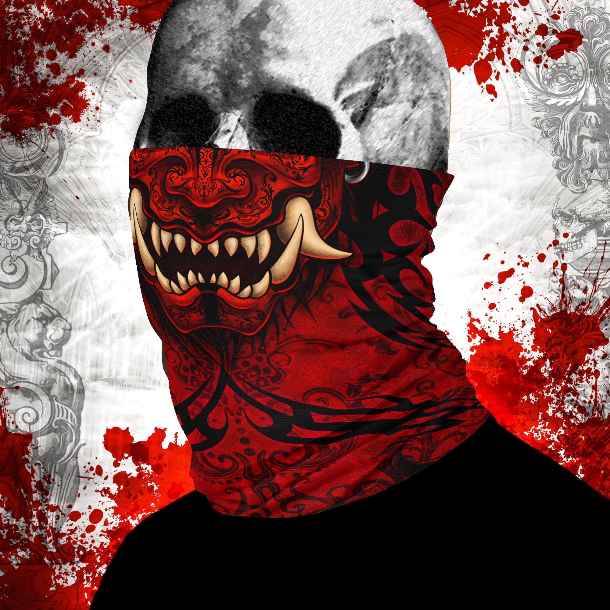Red Oni Neck Gaiter, Face Mask, Head Covering, Japanese Demon, Samurai, Fangs, Horns Headband - Gothic, Black Tattoo - Abysm Internal
