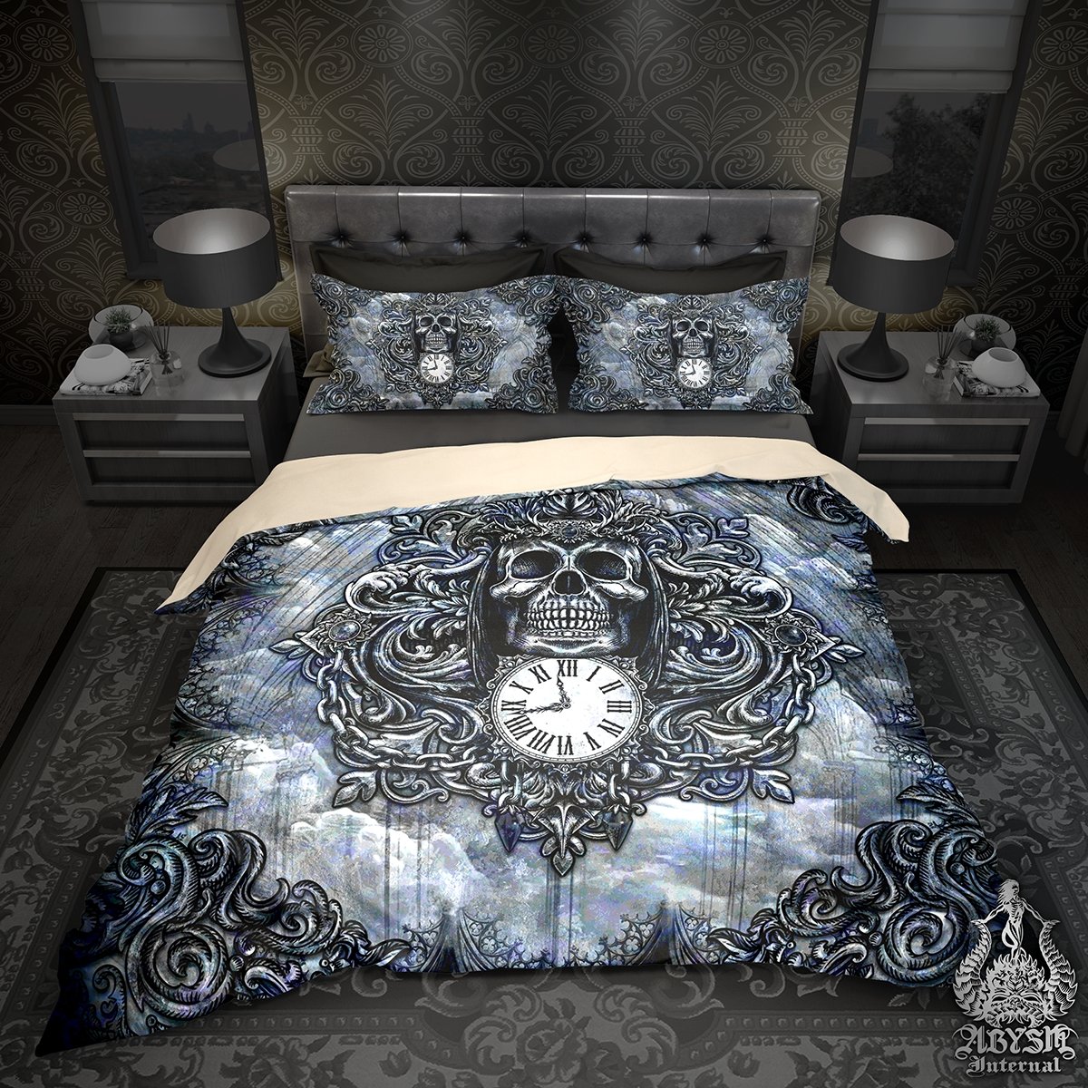 Skull Bedding Set, Comforter and Duvet, Goth Bed Cover and Bedroom Decor, King, Queen and Twin Size - Reaper, Blue - Abysm Internal