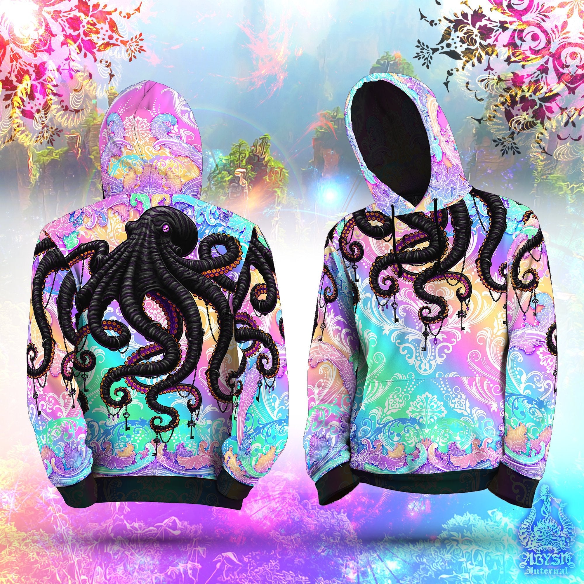 Trippy Sweater, Pastel Punk Pullover, Psychedelic Streetwear, Rave Outfit,  Aesthetic Hoodie, Festival Clothing, Unisex - Black Octopus