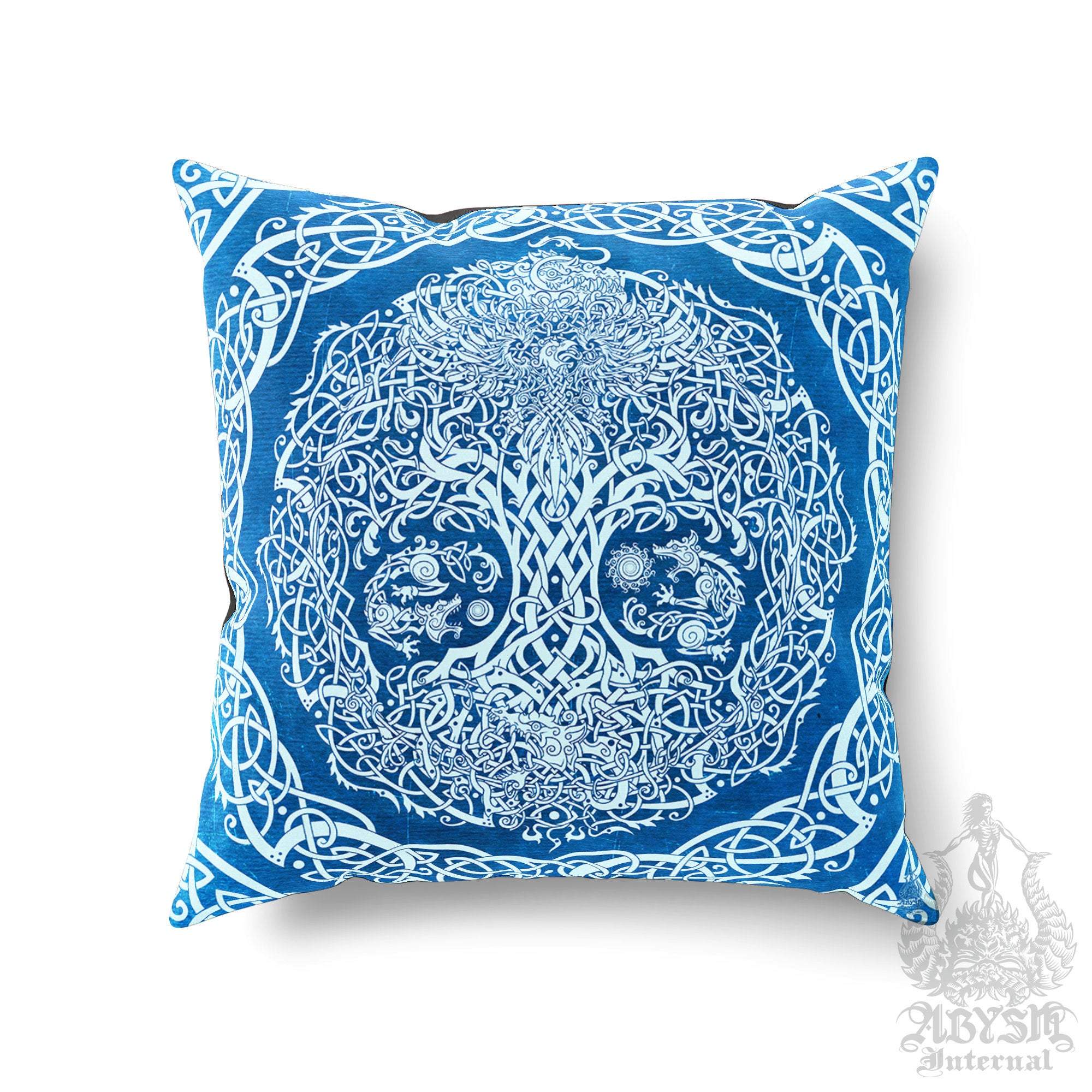 Viking Throw Pillow, Decorative Accent Cushion, Yggdrasil, Norse Decor, Nordic Art, Alternative Home - Tree of Life, Blue - Abysm Internal