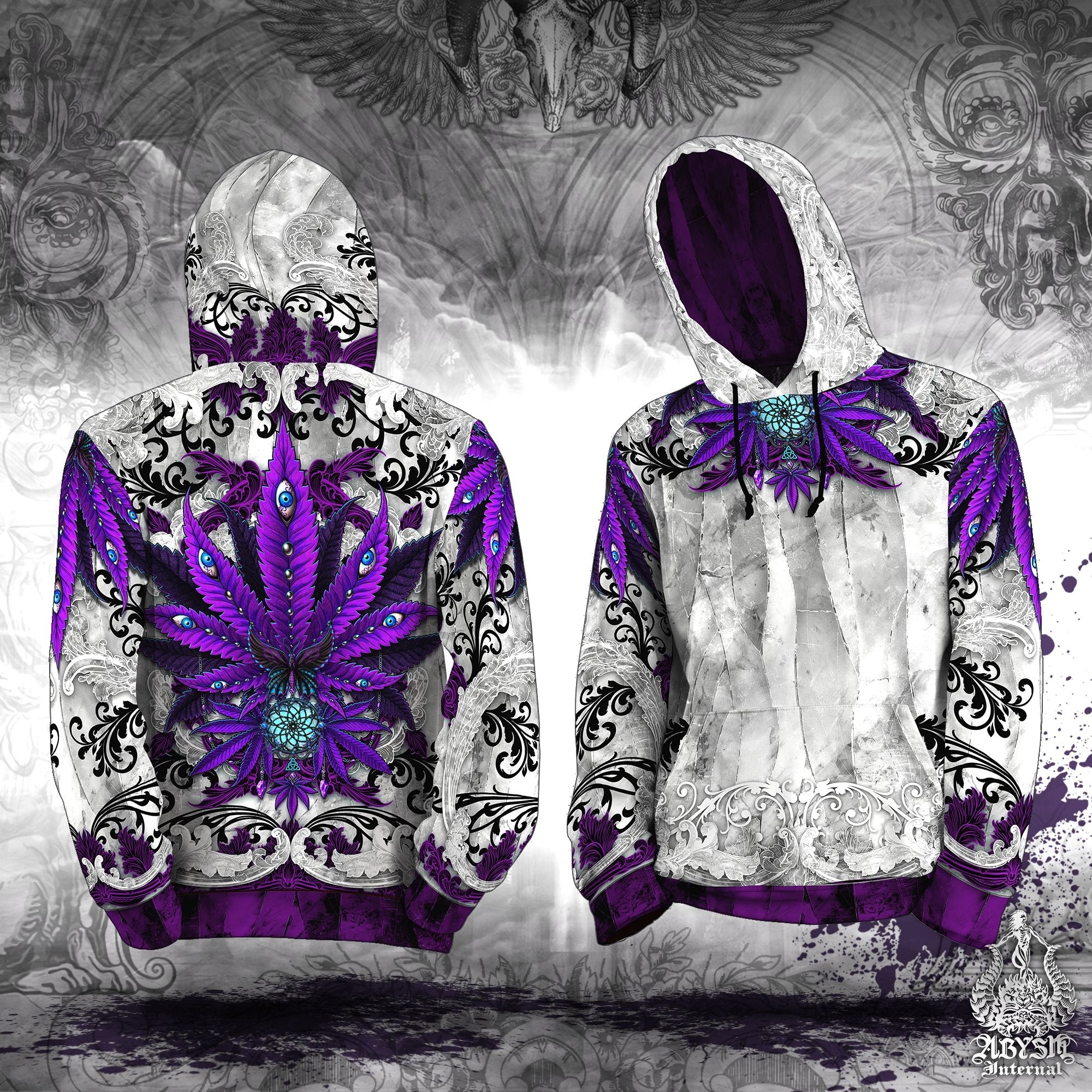 Weed Hoodie, Cannabis Sweater, Gothic Festival Outfit, White Goth Streetwear, Indie and Alternative Clothing, Unisex, 420 Gift - Purple Marijuana - Abysm Internal