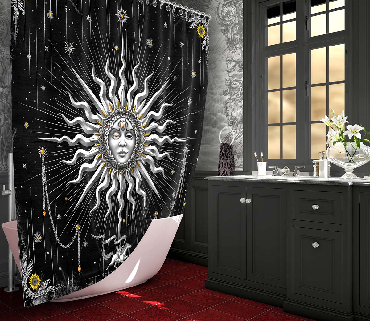 Gothic Shower Curtains - Art Prints, Decor and Gifts, Tarot The Sun Card - Abysm Internal