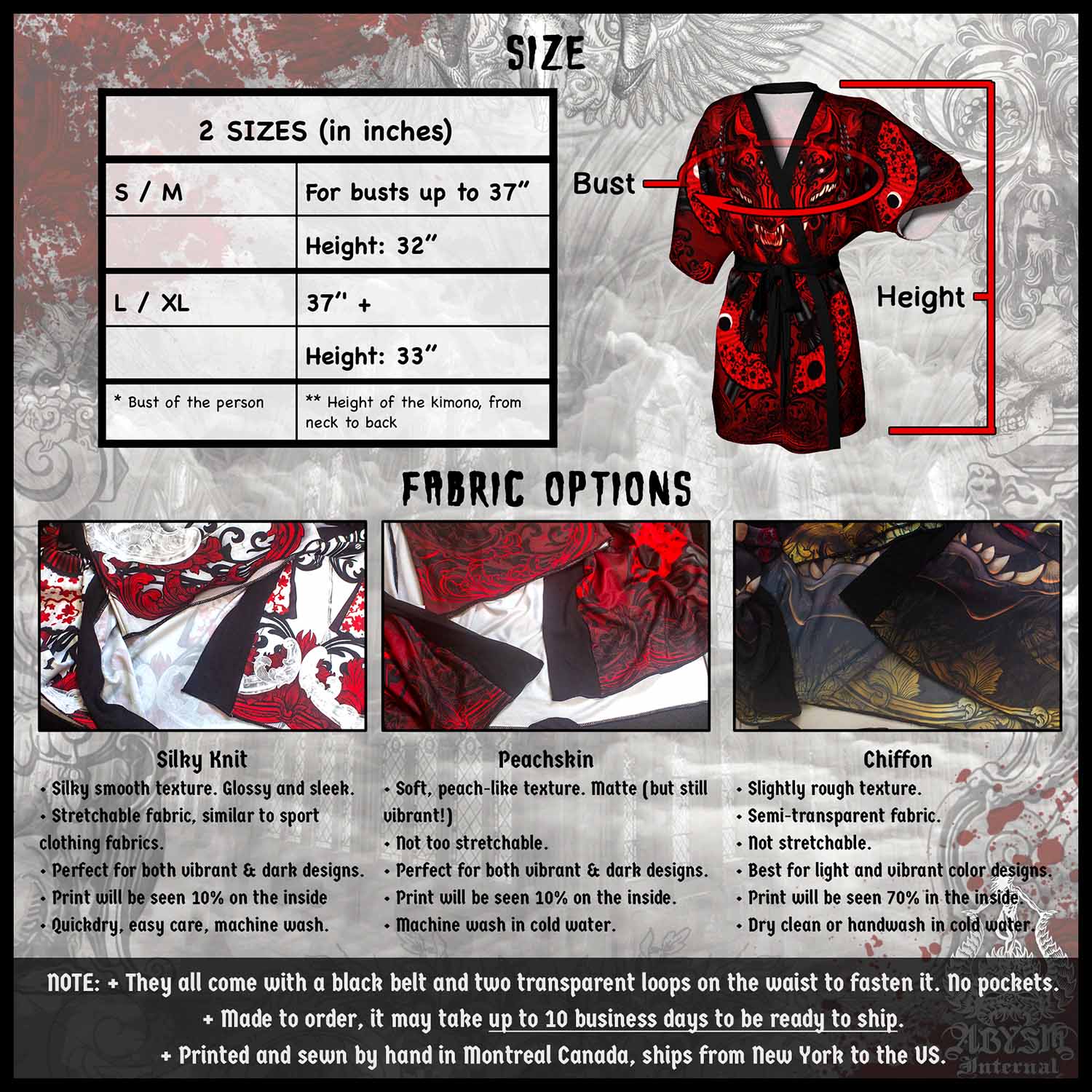 Abysm Internal Kimono Size and Fabrics Information