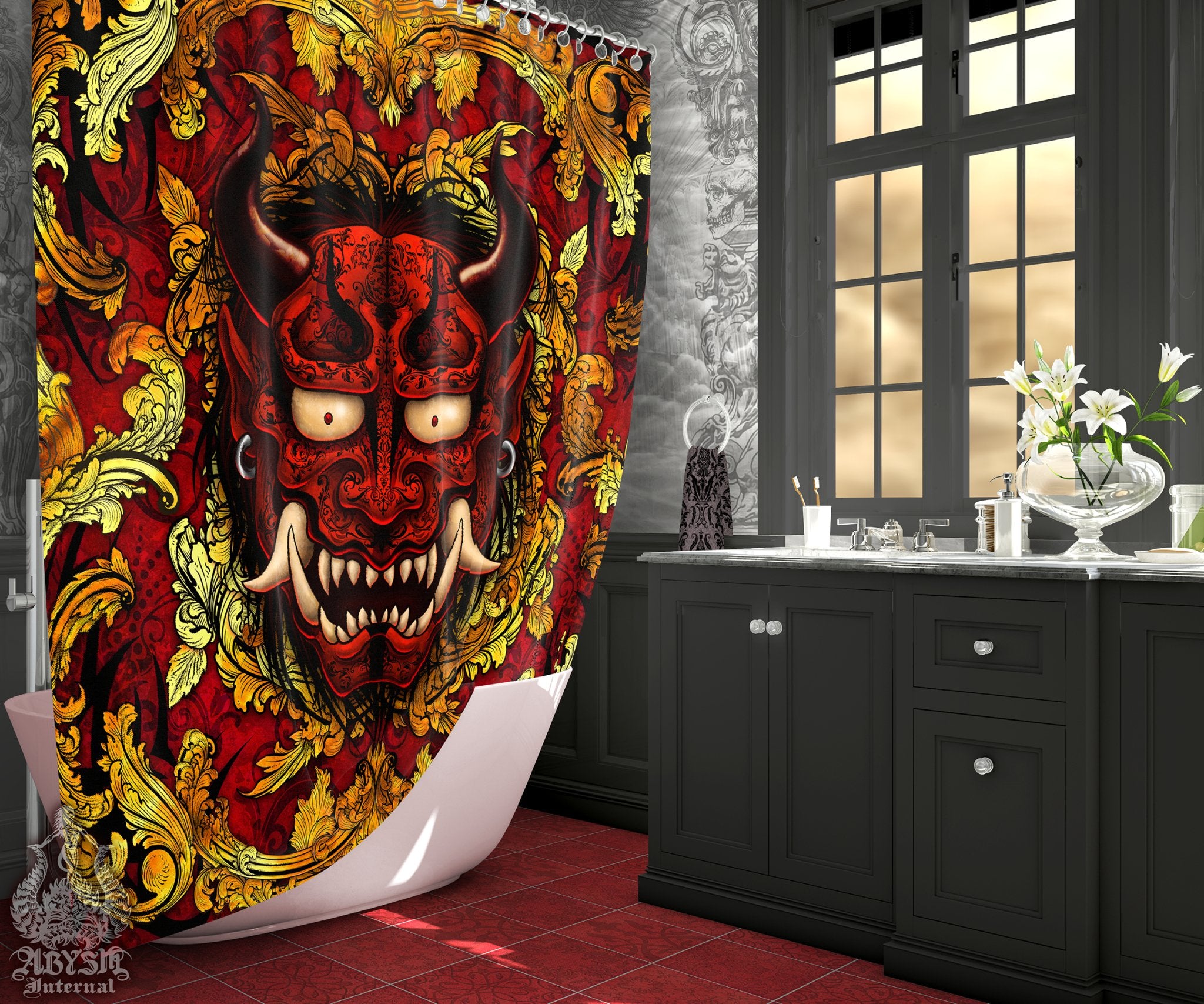 Anime Shower Curtain, 71x74 inches, Red Demon Bathroom Decor, Fantasy, Japanese Oni - Black, Silver or Gold, 4 Colors - Abysm Internal