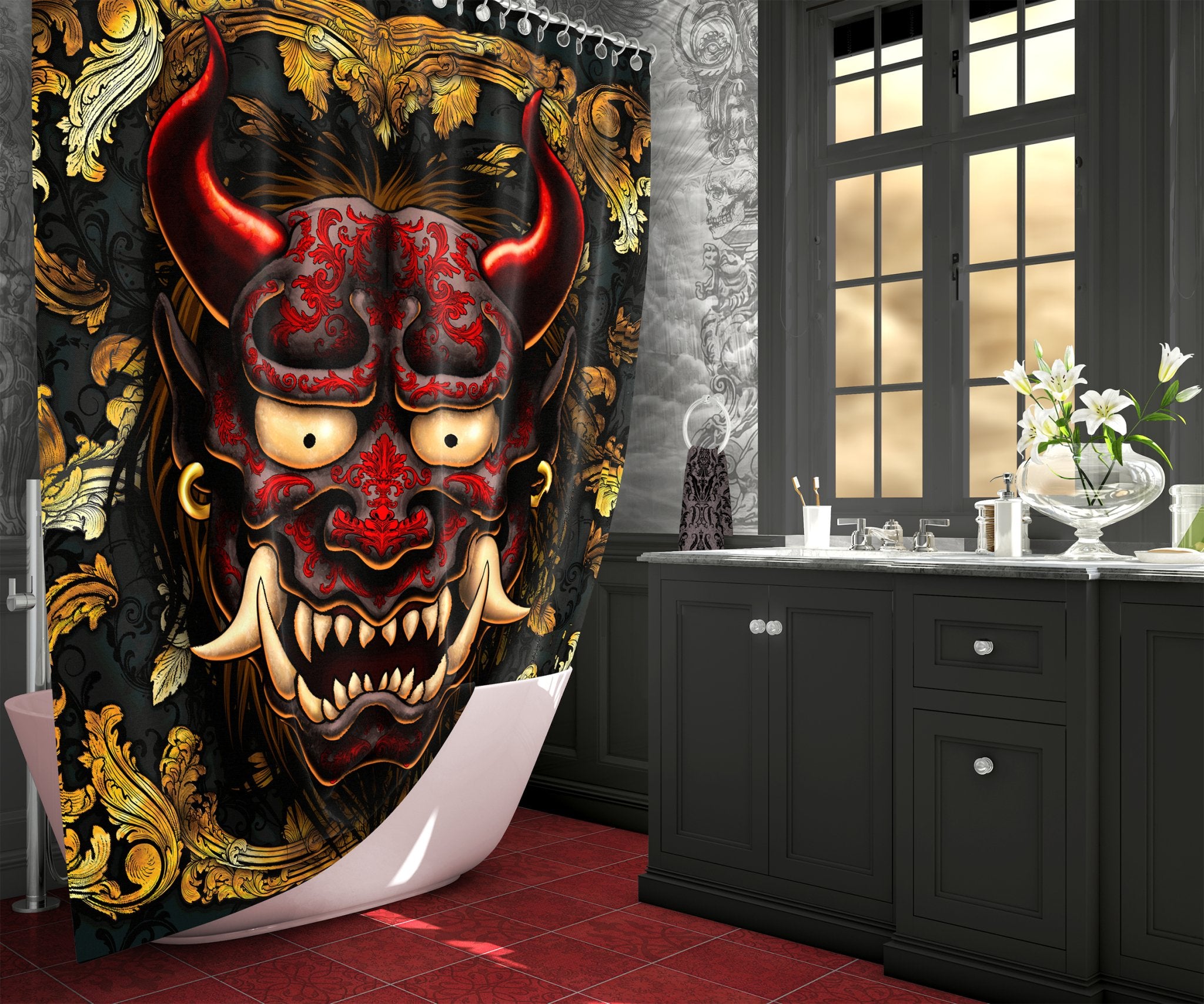 Anime Shower Curtain, 71x74 inches, Red Demon Bathroom Decor, Fantasy, Japanese Oni - Black, Silver or Gold, 4 Colors - Abysm Internal