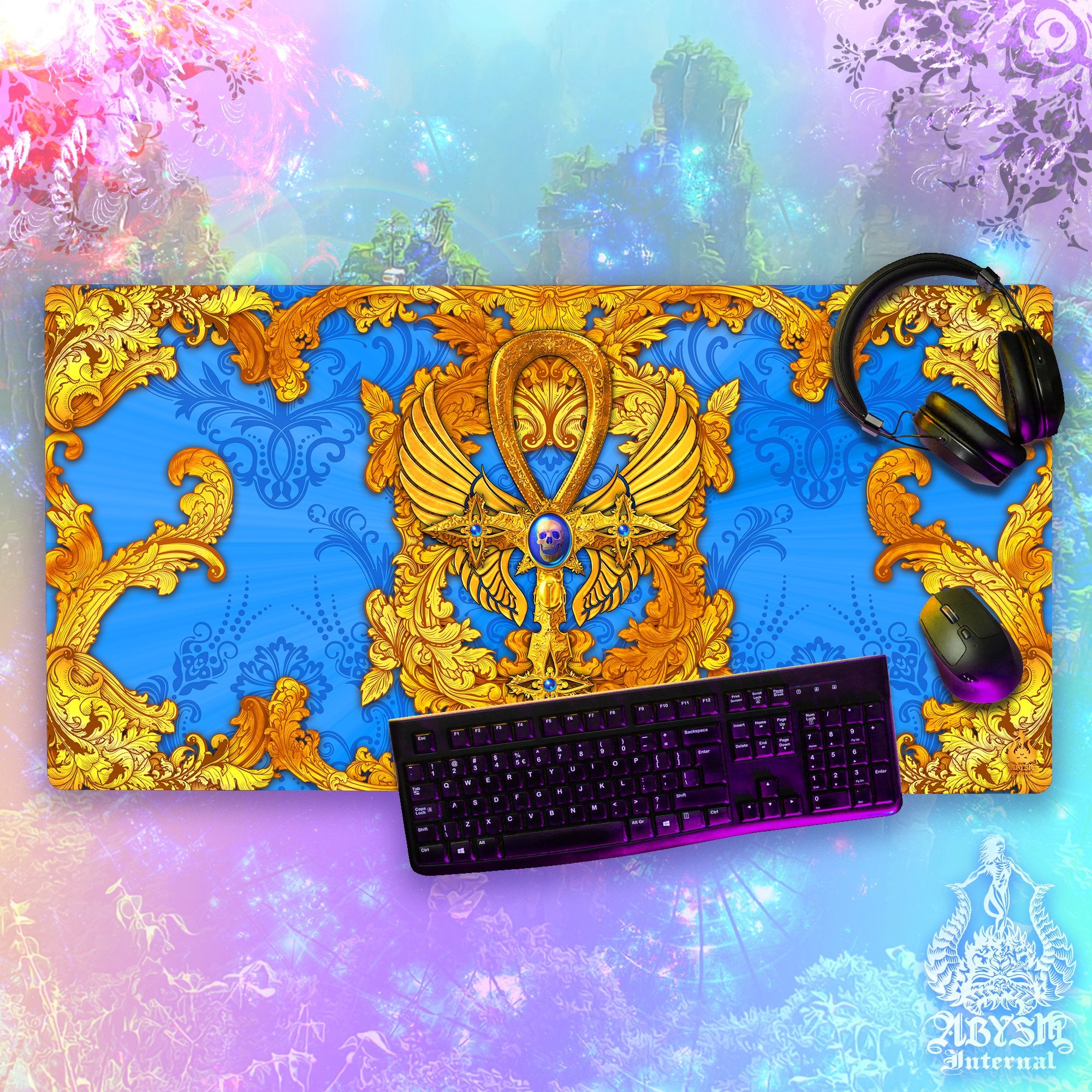 Ankh Mouse Pad, Gold Cross Gaming Desk Mat, Occult Workpad, Cyan Gold Table Protector Cover, Art Print - Abysm Internal