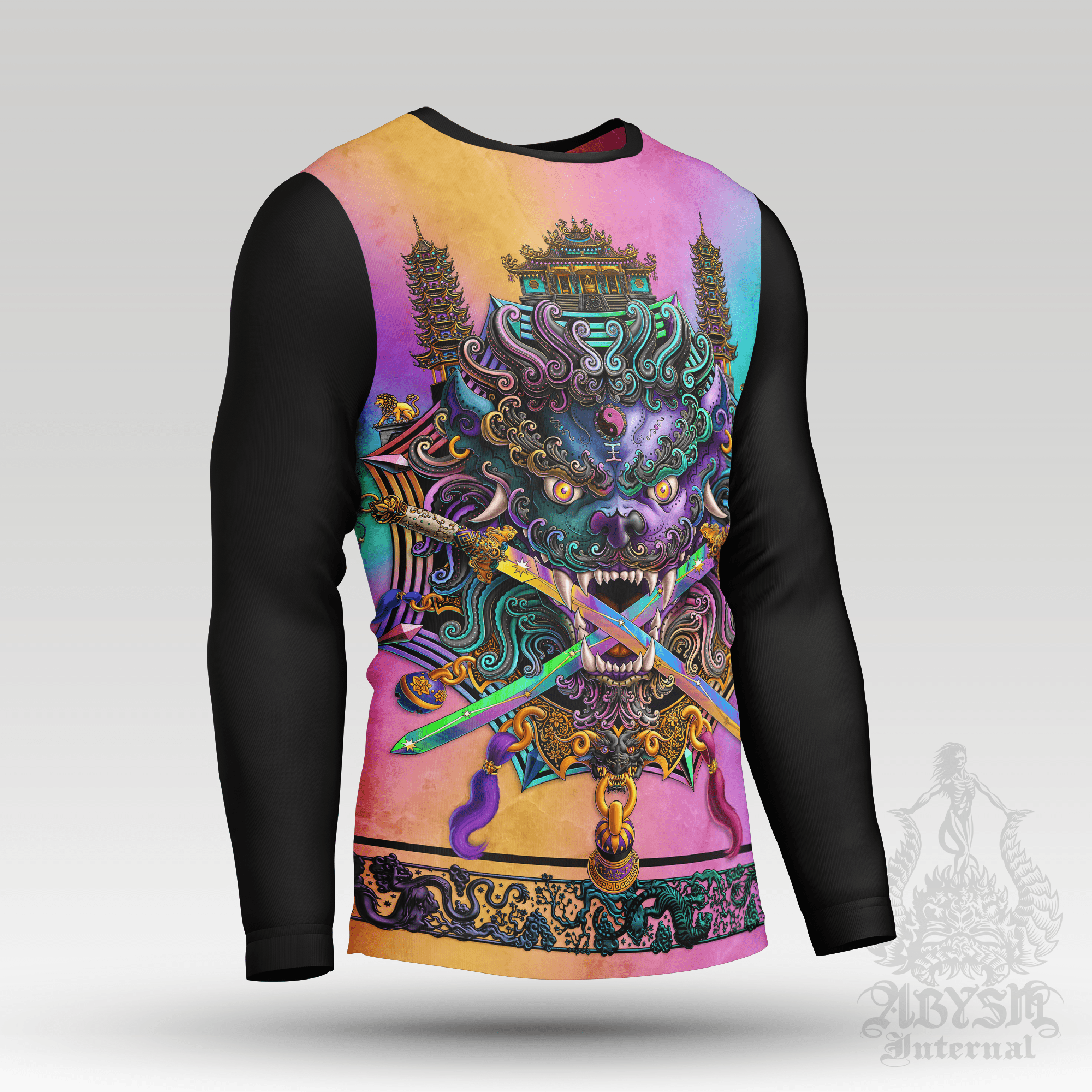 Asian Lion Rash Guard - Psychedelic Taiwan Long Sleeve Surf Shirt, Pastel Black Water Sports Top | Chinese Art UV Protection Activewear for Men and Women - Abysm Internal
