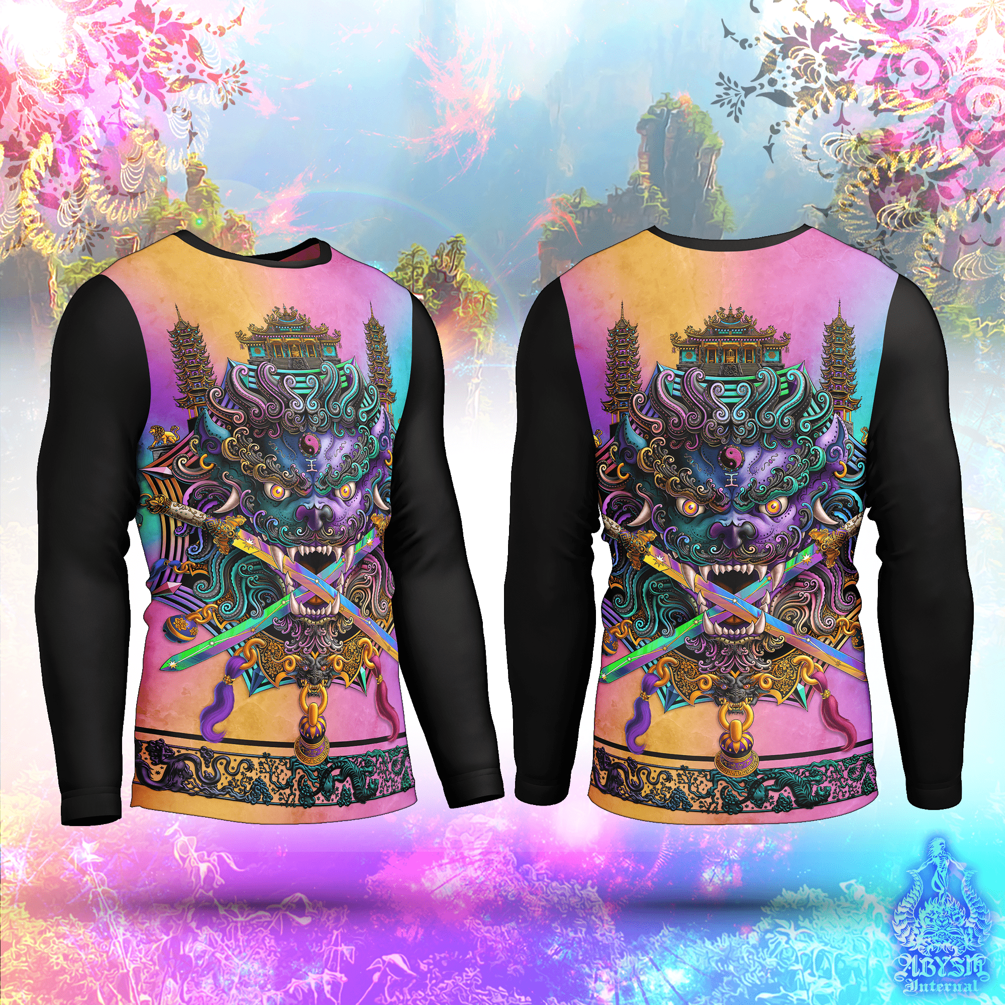 Asian Lion Rash Guard - Psychedelic Taiwan Long Sleeve Surf Shirt, Pastel Black Water Sports Top | Chinese Art UV Protection Activewear for Men and Women - Abysm Internal