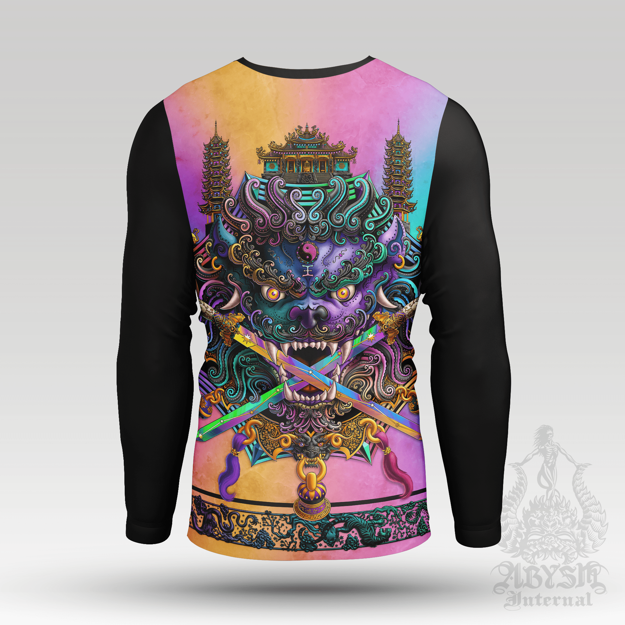 Asian Lion Rash Guard - Psychedelic Taiwan Long Sleeve Surf Shirt, Pastel Black Water Sports Top | Chinese Art UV Protection Activewear for Men and Women - Abysm Internal