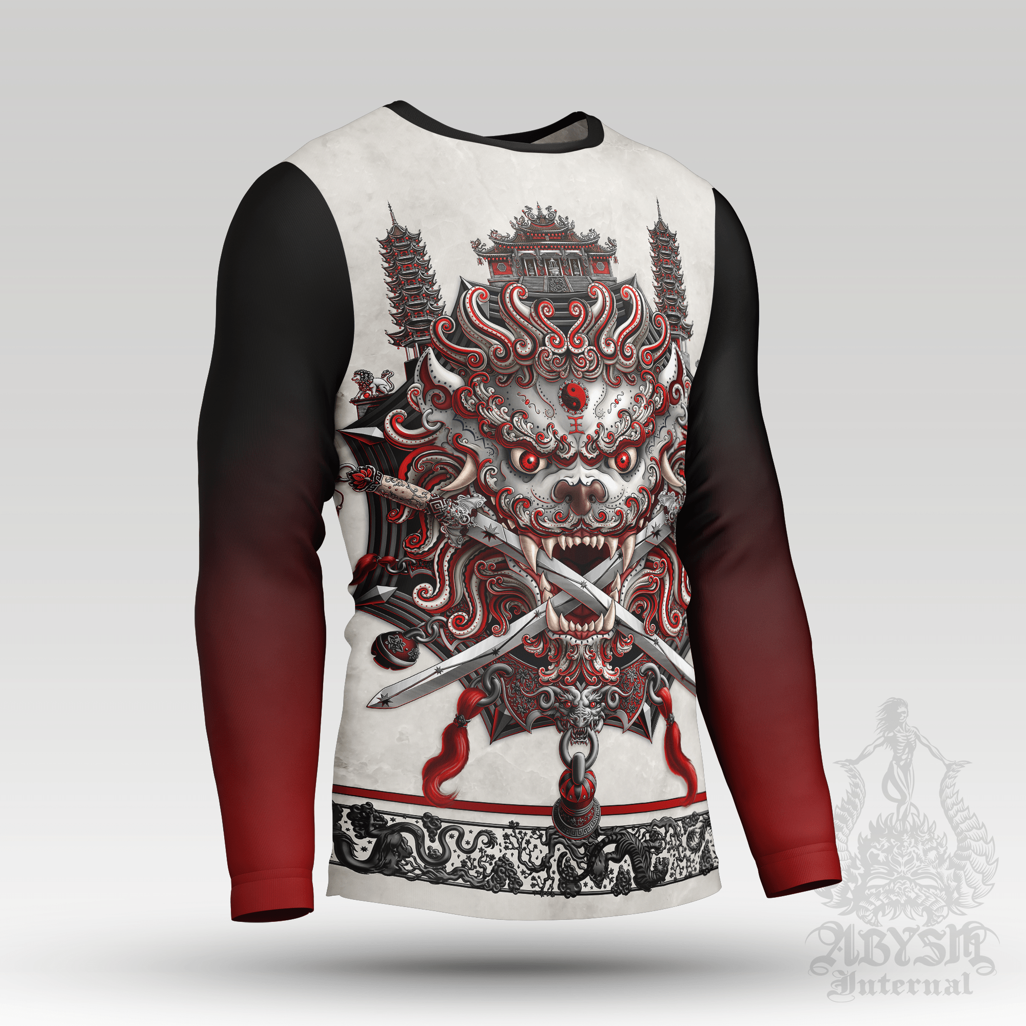 Asian Lion Rash Guard - Taiwan Long Sleeve Surf Shirt, Bloody White Goth Water Sports Top | Chinese Art UV Protection Activewear for Men and Women - Abysm Internal