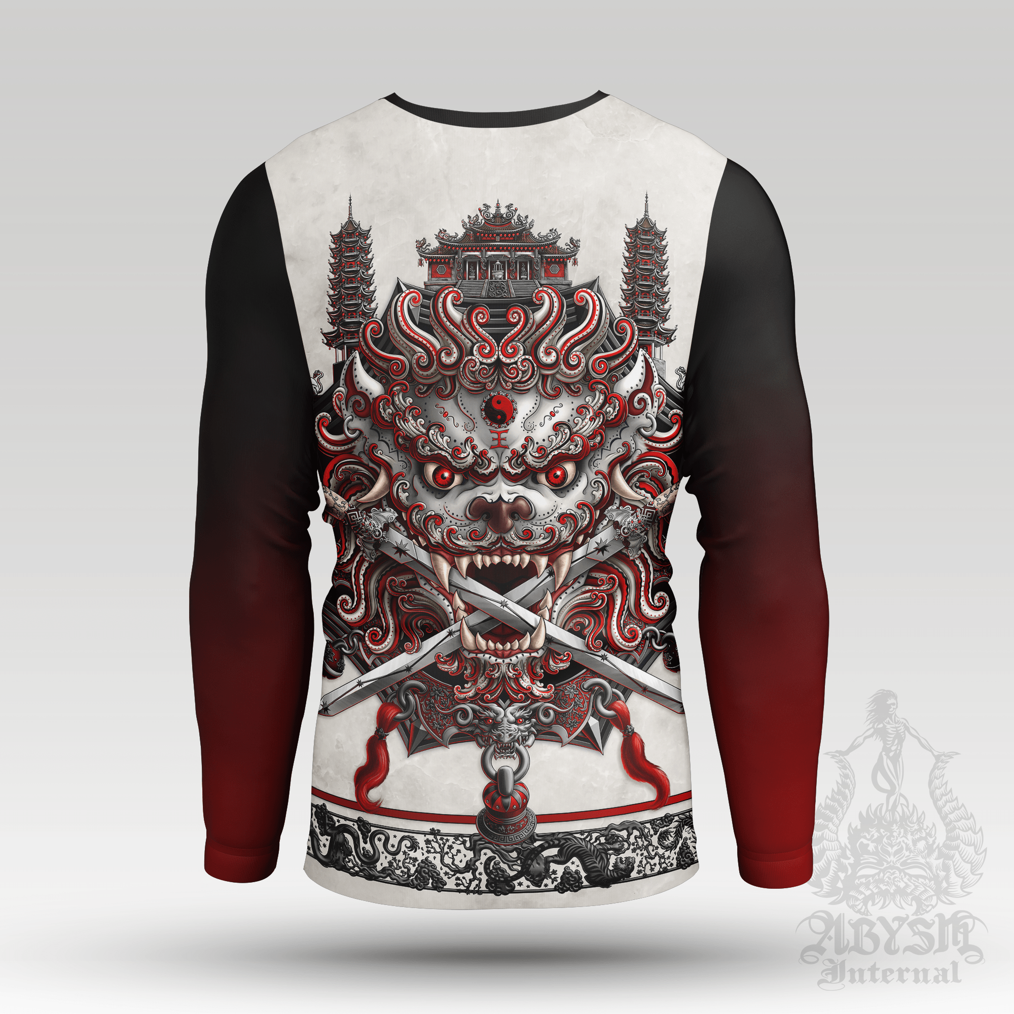 Asian Lion Rash Guard - Taiwan Long Sleeve Surf Shirt, Bloody White Goth Water Sports Top | Chinese Art UV Protection Activewear for Men and Women - Abysm Internal