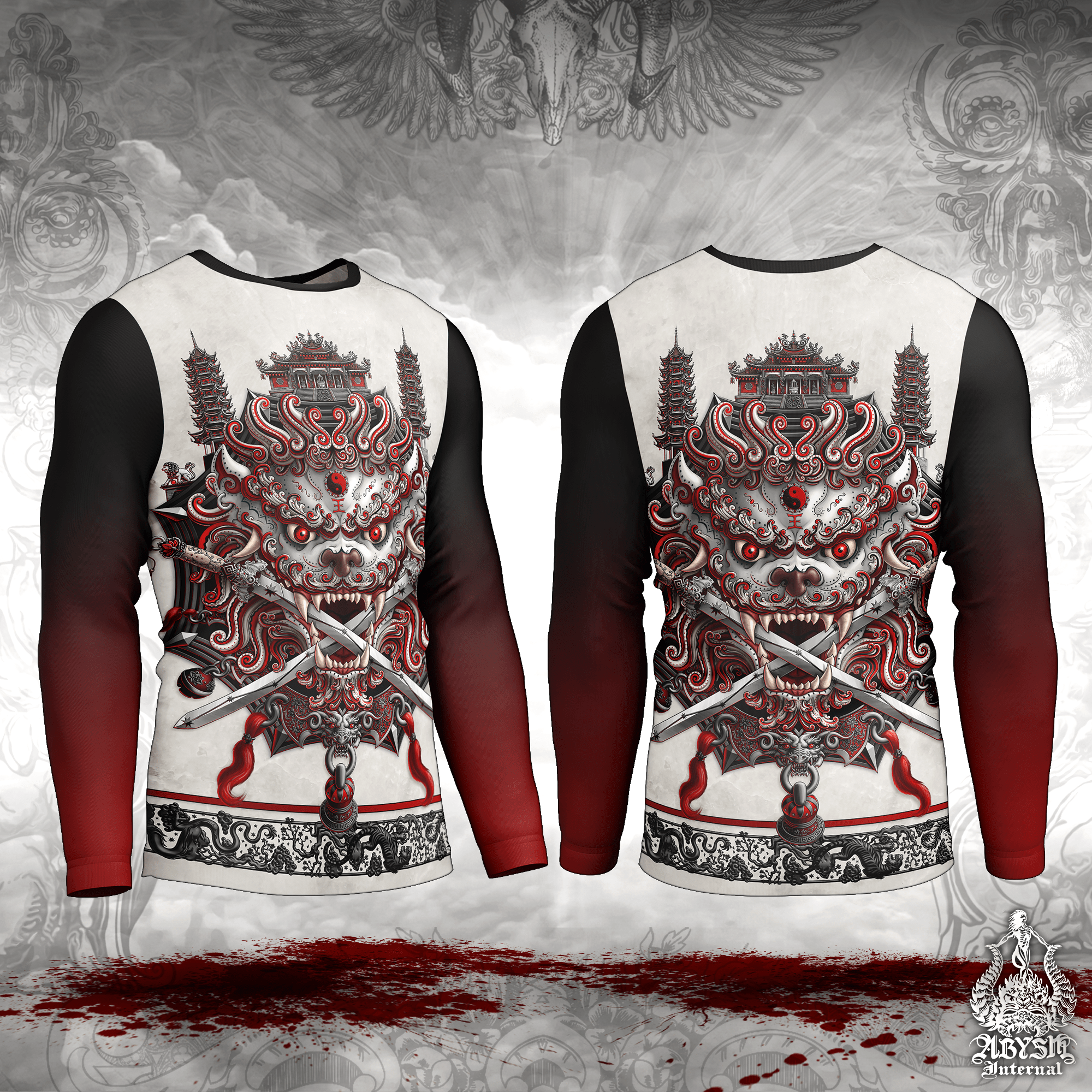 Asian Lion Rash Guard - Taiwan Long Sleeve Surf Shirt, Bloody White Goth Water Sports Top | Chinese Art UV Protection Activewear for Men and Women - Abysm Internal