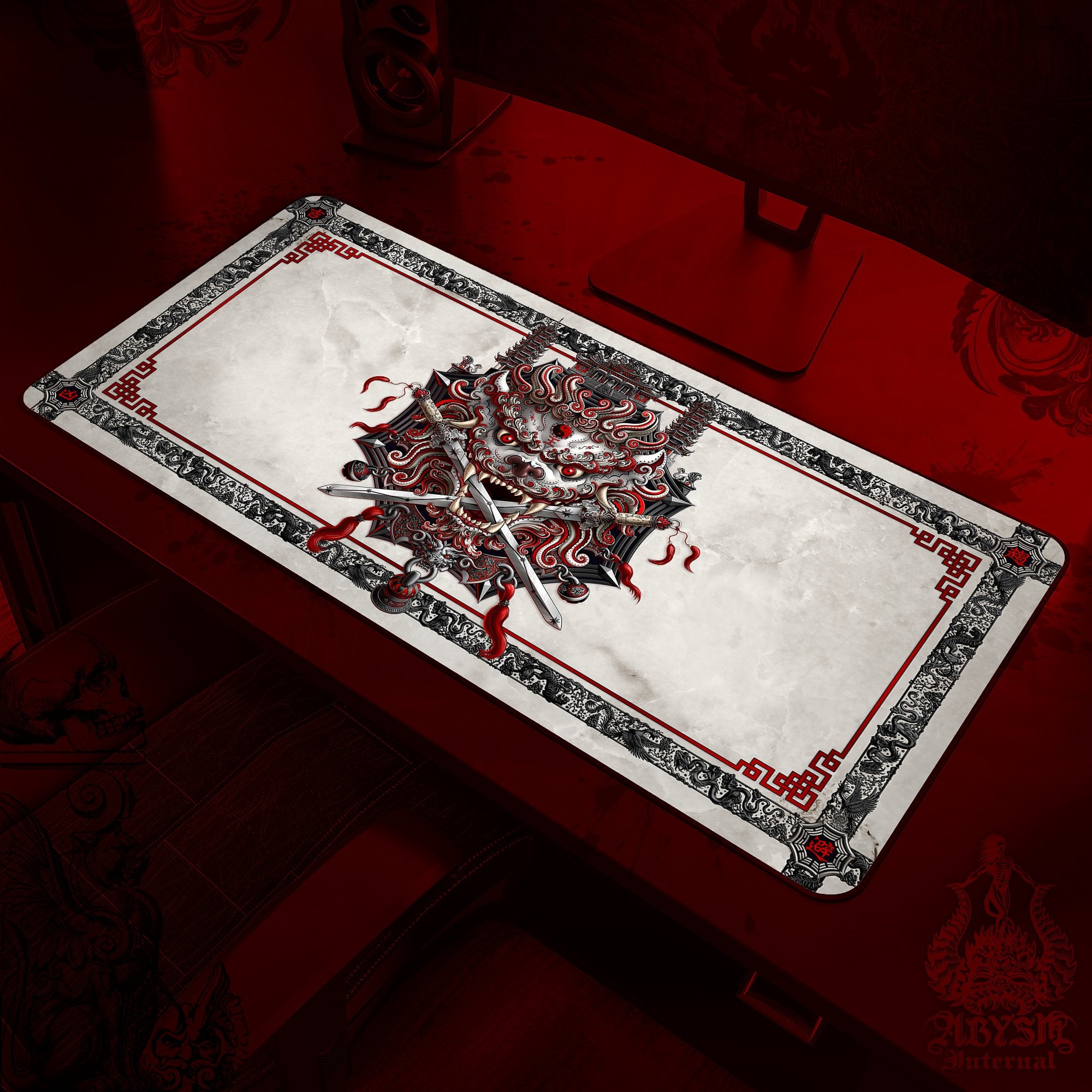 Asian Lion Workpad, Taiwan Desk Mat, Chinese Gaming Mouse Pad, Bloody White Goth Table Protector Cover, Fantasy Art Print - Red - Abysm Internal