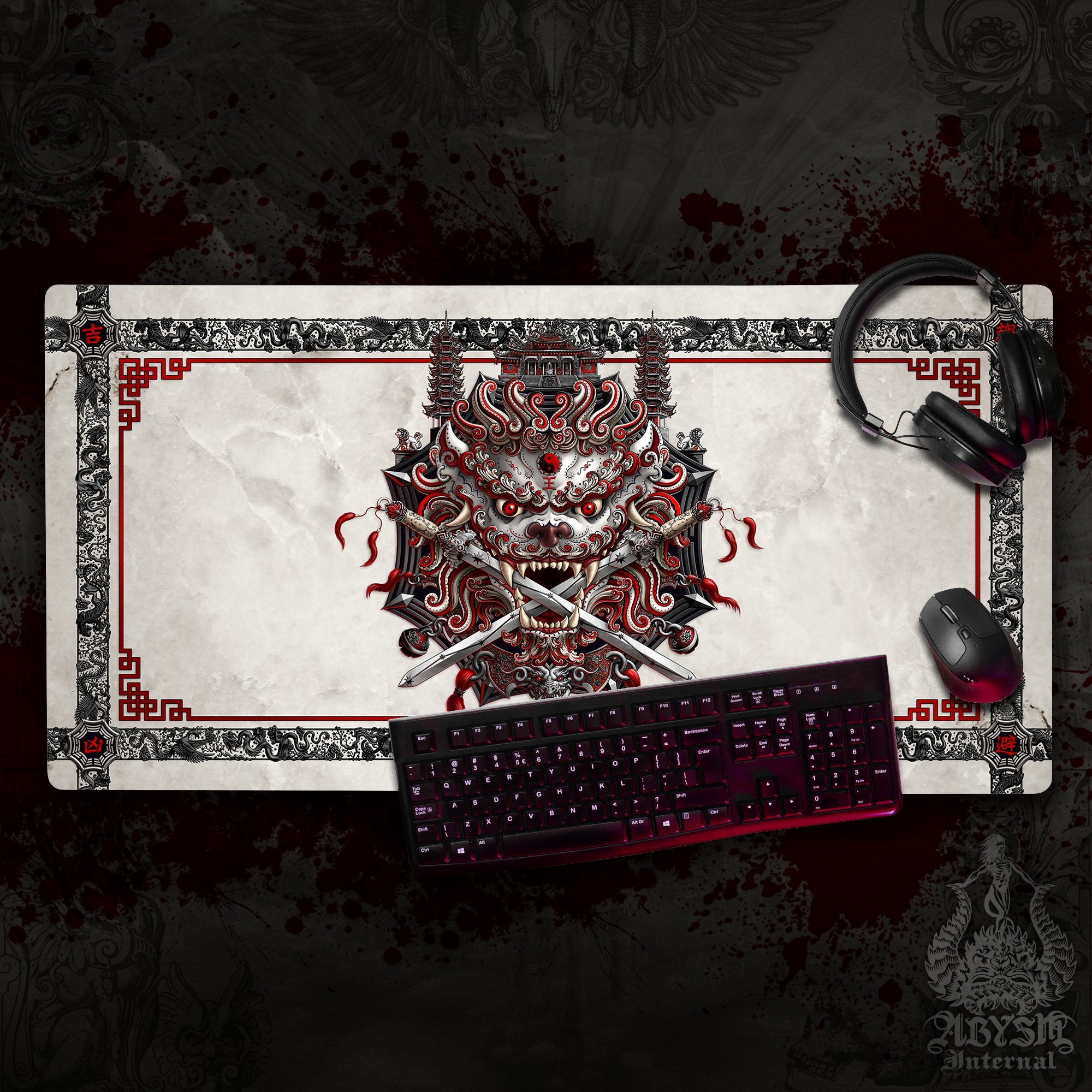 Asian Lion Workpad, Taiwan Desk Mat, Chinese Gaming Mouse Pad, Bloody White Goth Table Protector Cover, Fantasy Art Print - Red - Abysm Internal