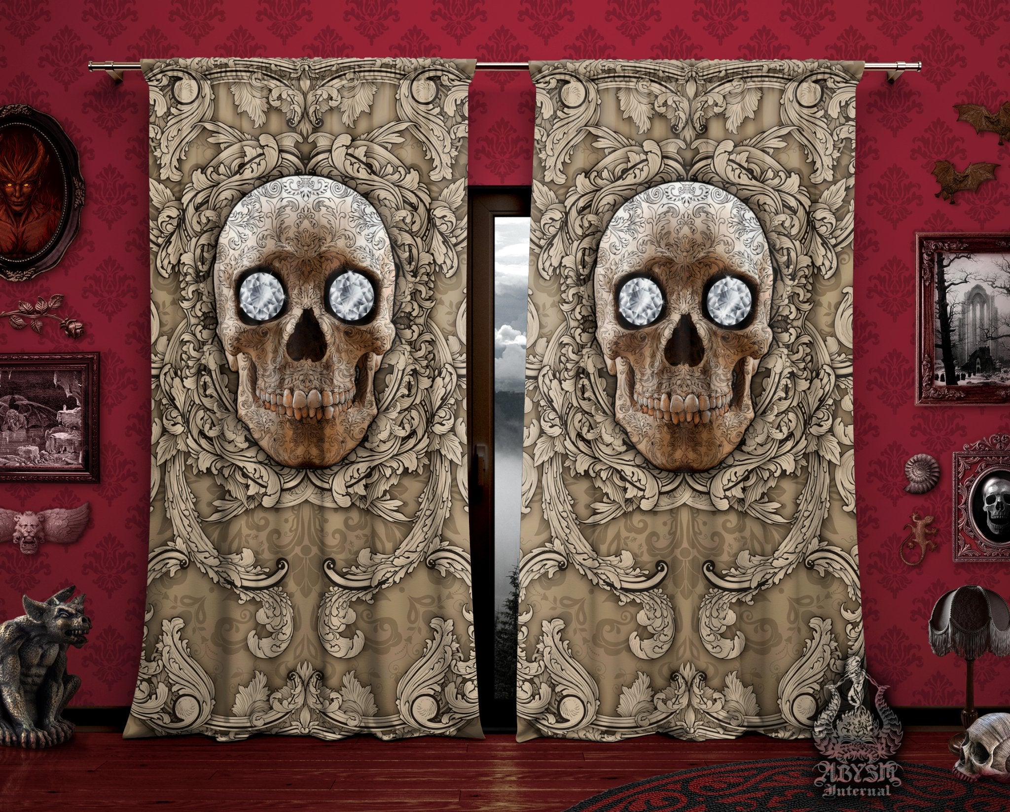 Beige Skull Curtains, 50x84' Printed Window Panels, Macabre Art Print, Indie Home Decor - Cream, Black Roses or Diamonds, 2 versions - Abysm Internal