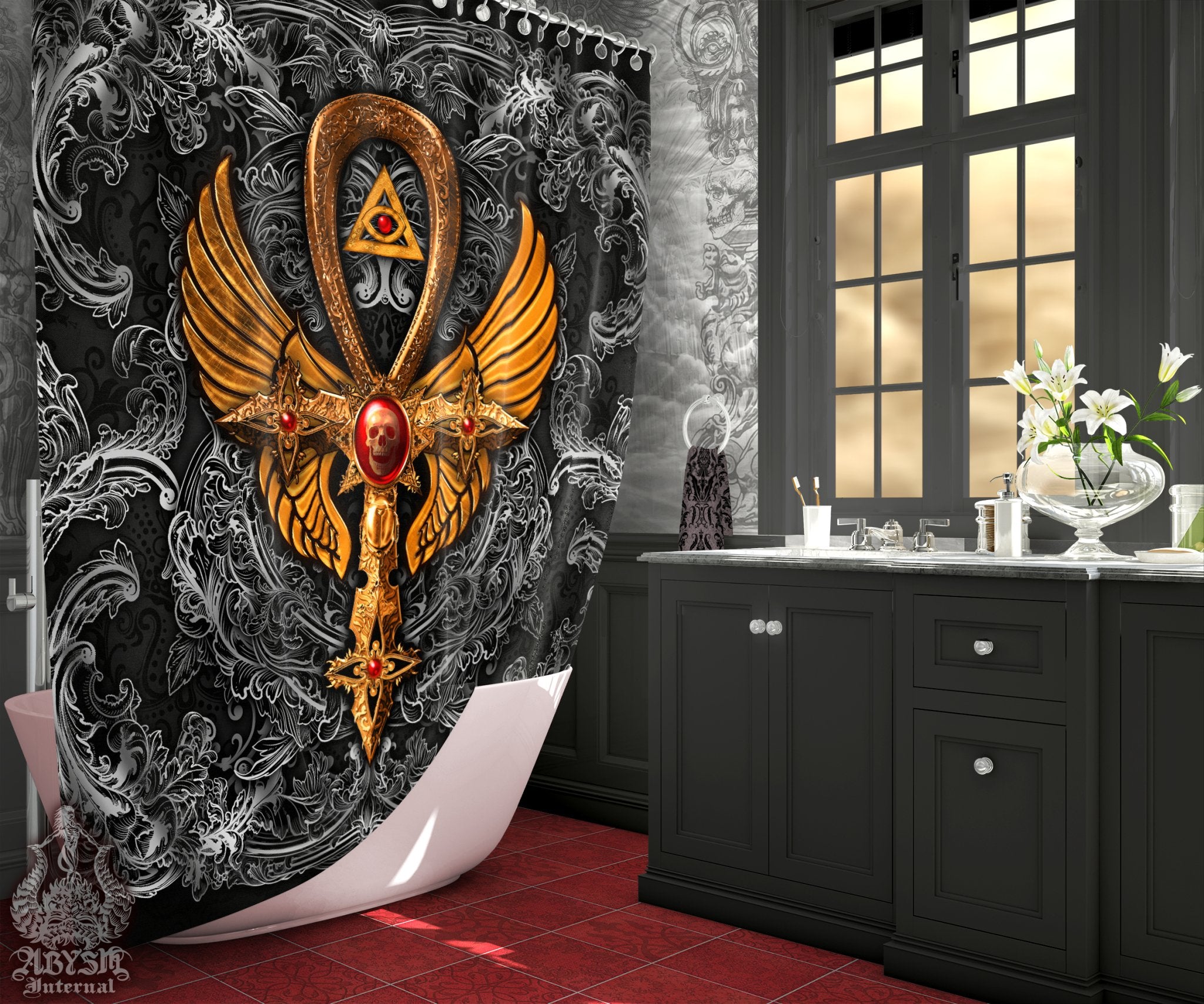 Black Goth Shower Curtain, 71x74 inches, Dark Ankh, Gothic Bathroom Decor, Occult - White, Red, Gold, 3 Colors - Abysm Internal