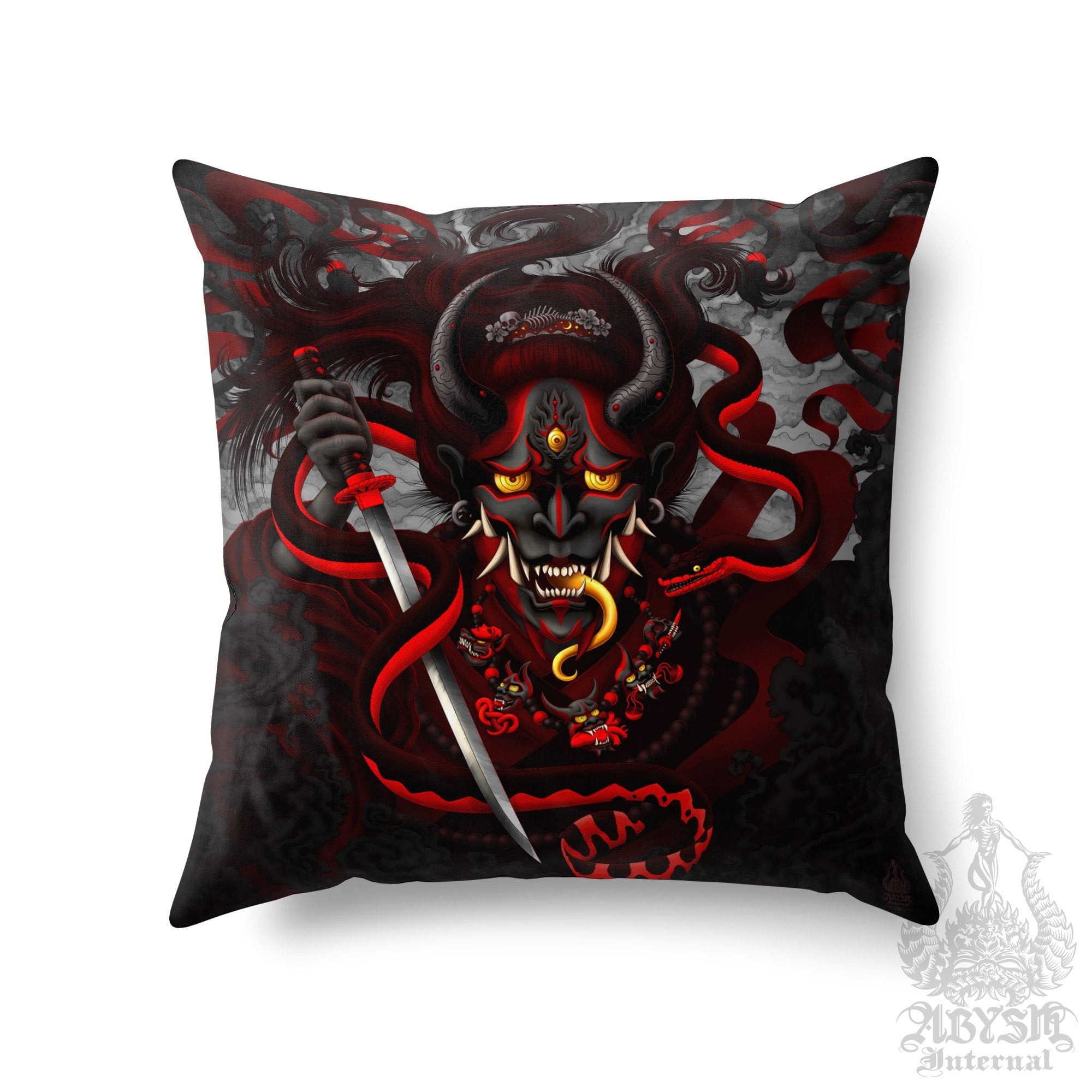 Black Hannya Throw Pillow, Decorative Accent Pillow, Square Cushion Cover, Japanese Demon & Red Snake, Goth Gamer Room Decor - Abysm Internal