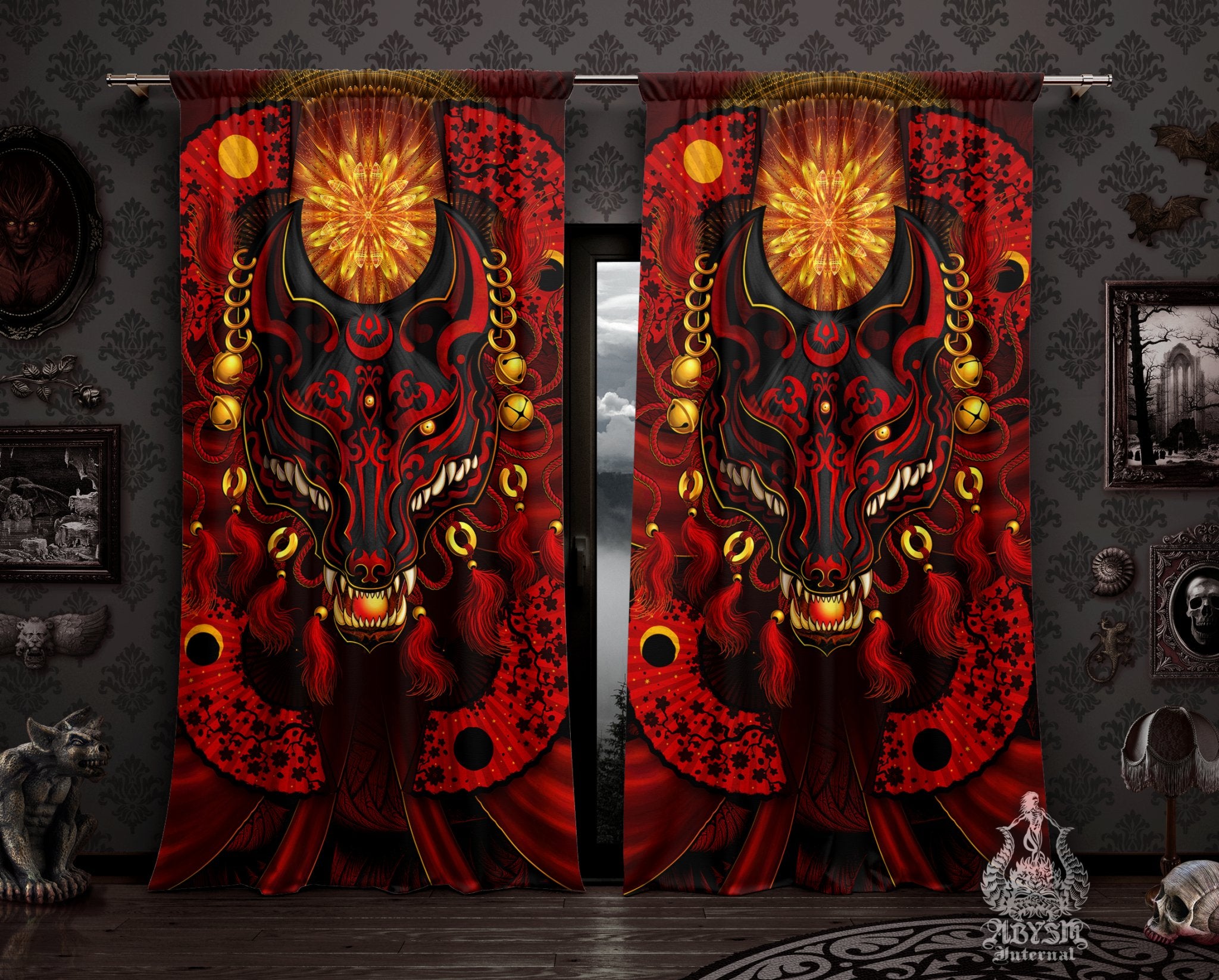 Black Kitsune Curtains, 50x84' Printed Window Panels, Japanese Fox, Gamer Room Decor, Anime Art Print, Okami - Red & Black - Abysm Internal