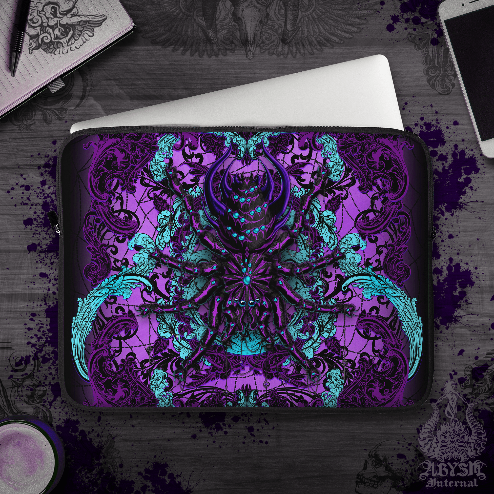 Black Spider Laptop Case – Pastel Goth, Whimsigoth Purple Tarantula, 13" & 15", Witchy Dark Fantasy Art, Printed Padded Soft Sleeve - Abysm Internal