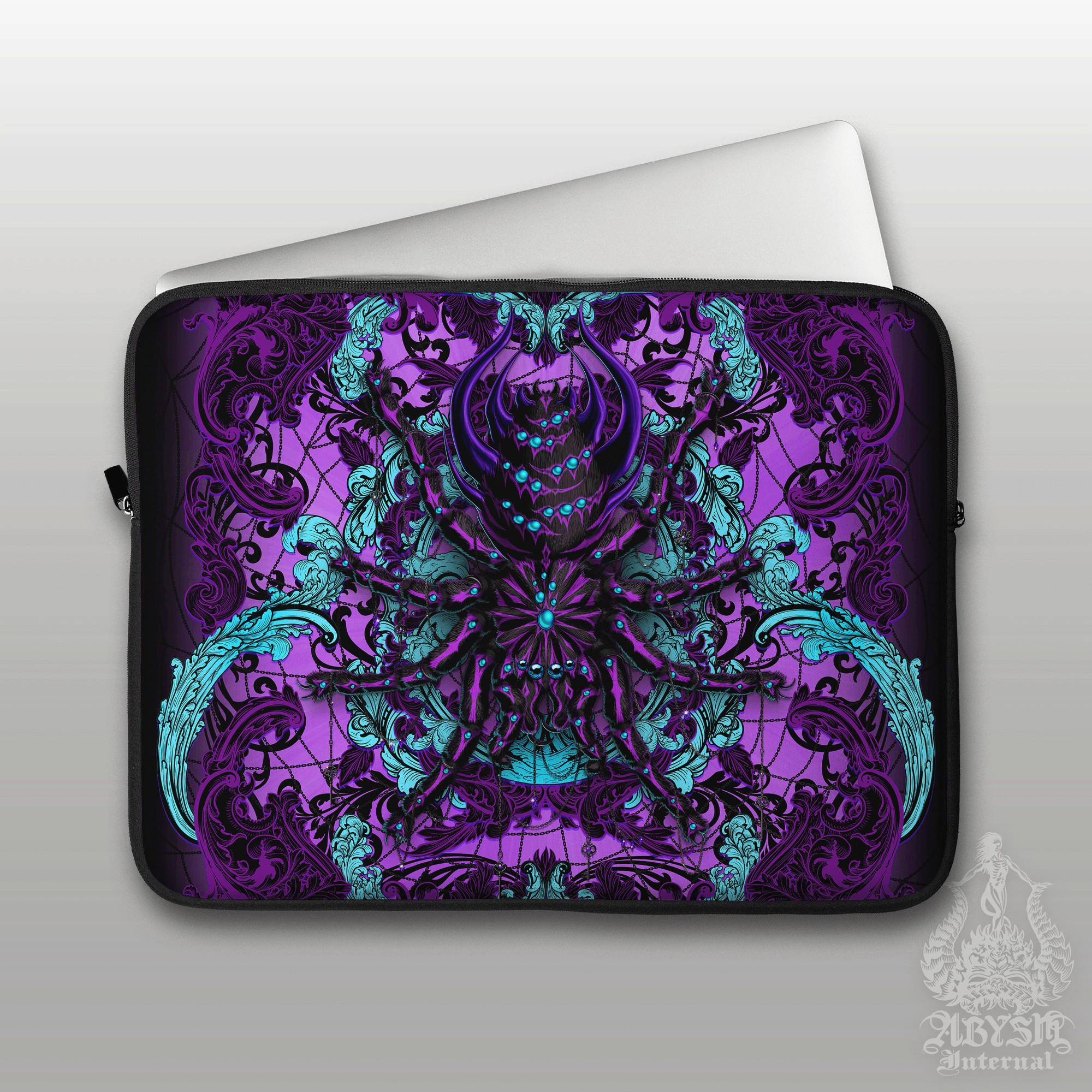 Black Spider Laptop Case – Pastel Goth, Whimsigoth Purple Tarantula, 13" & 15", Witchy Dark Fantasy Art, Printed Padded Soft Sleeve - Abysm Internal