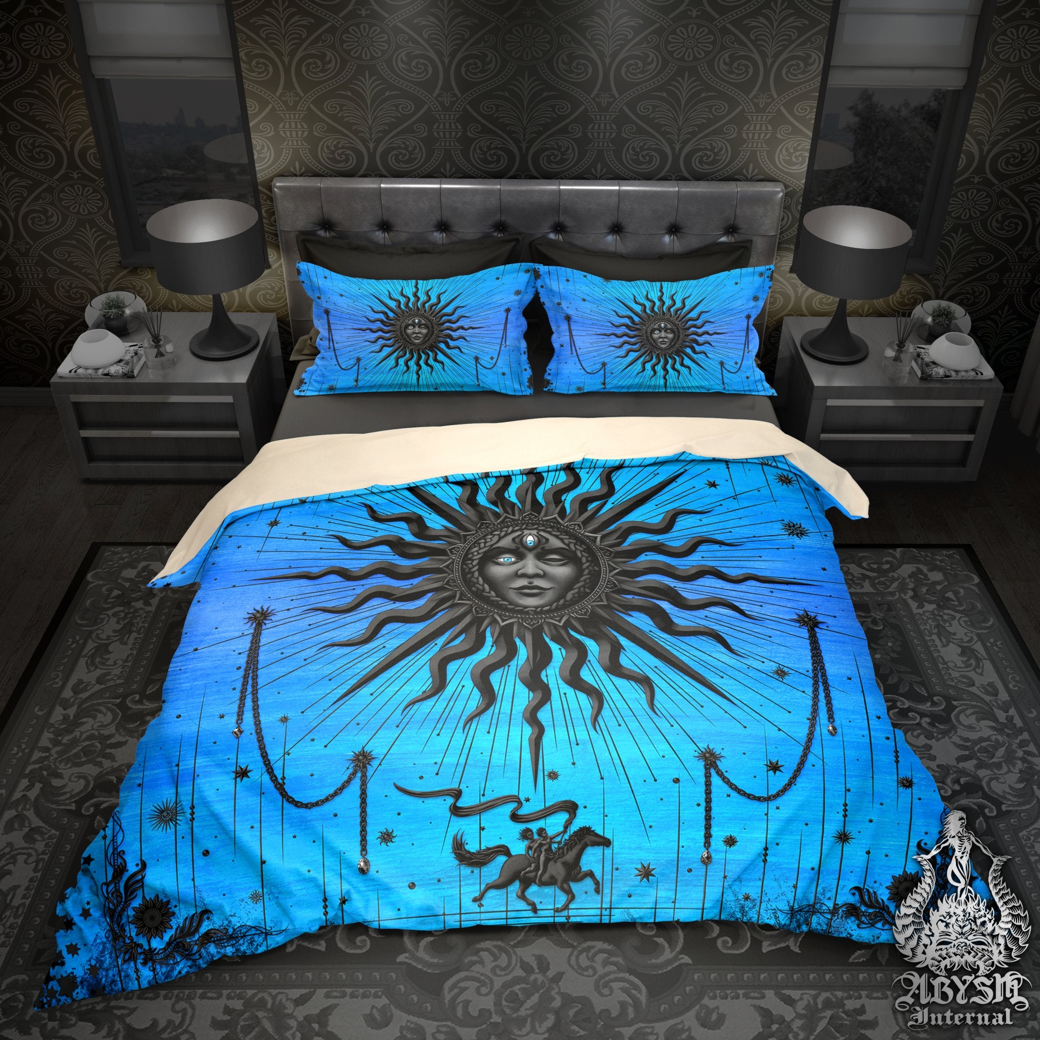 Black Sun Duvet Cover, Bed Covering, Witchy Comforter, Esoteric Bedroom Decor King, Queen & Twin Bedding Set - Tarot Arcana Art, Cyan - Abysm Internal