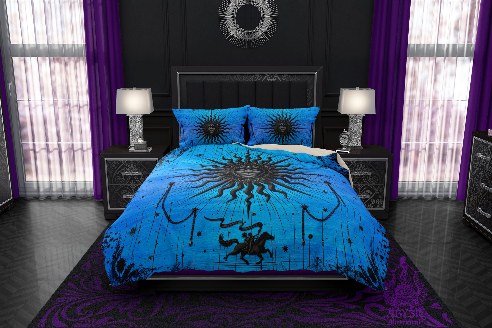 Black Sun Duvet Cover, Bed Covering, Witchy Comforter, Esoteric Bedroom Decor King, Queen & Twin Bedding Set - Tarot Arcana Art, Cyan - Abysm Internal