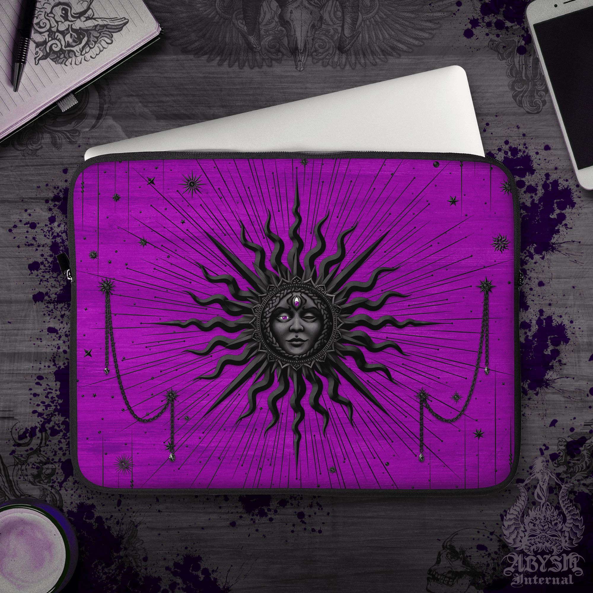 Black Sun Laptop Case – Tarot Arcana, Witchy Gift, Pastel Goth Purple, 13" & 15", Esoteric Art, Printed Padded Soft Sleeve - Abysm Internal