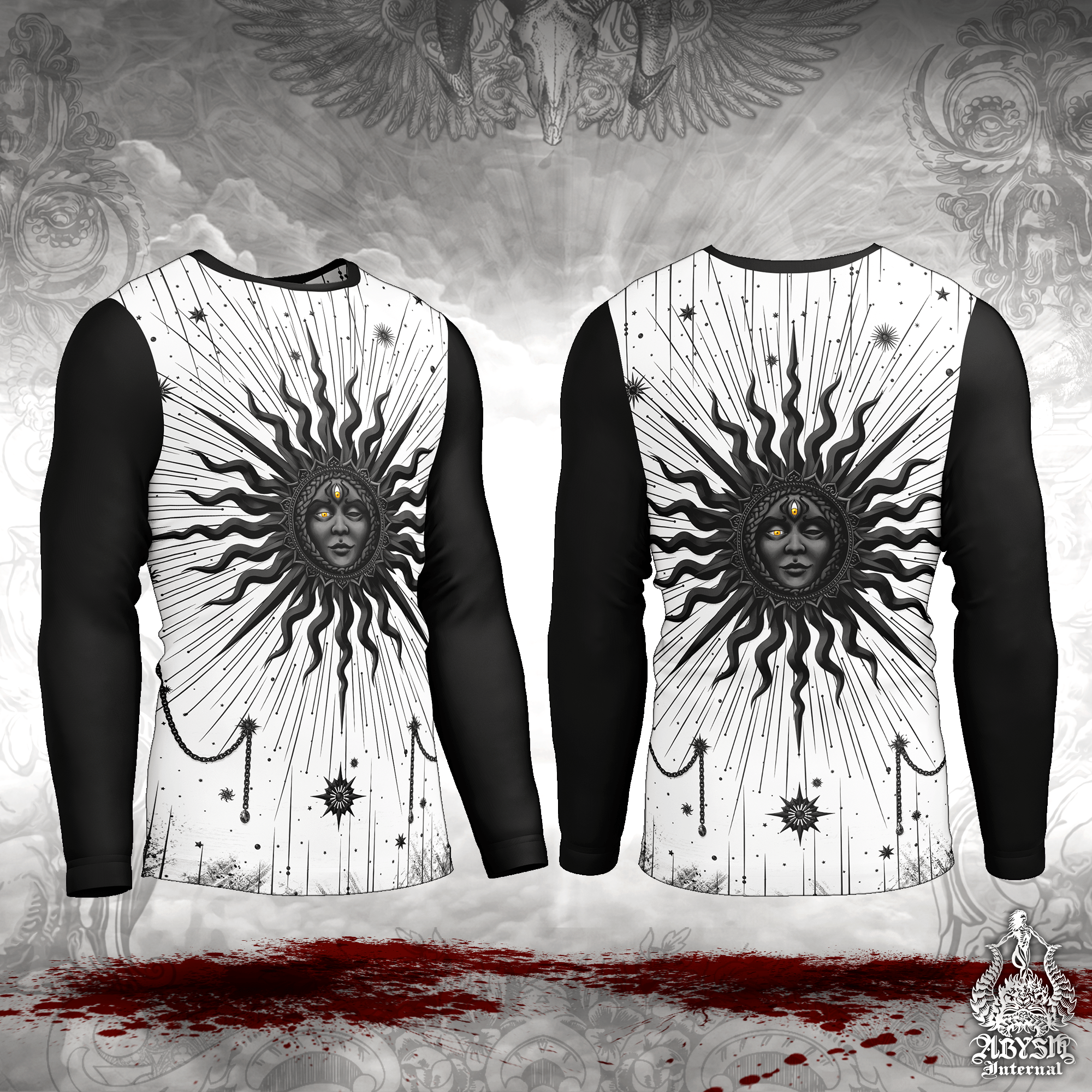 Black Sun Rash Guard - Witchy Long Sleeve Surf Shirt, White Goth Tarot Arcana Sports Top | Esoteric Art UV Protection Activewear for Men and Women - Abysm Internal