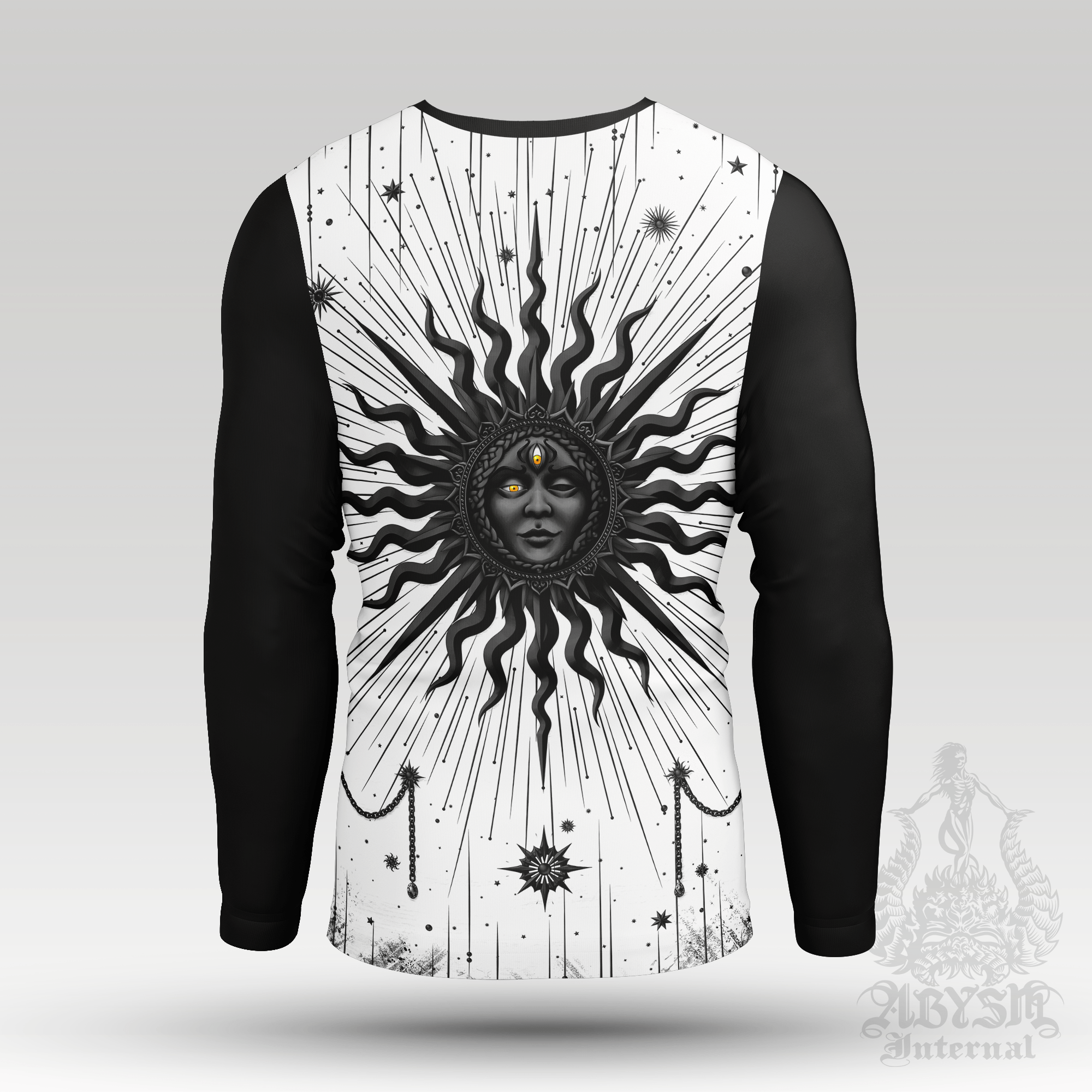 Black Sun Rash Guard - Witchy Long Sleeve Surf Shirt, White Goth Tarot Arcana Sports Top | Esoteric Art UV Protection Activewear for Men and Women - Abysm Internal