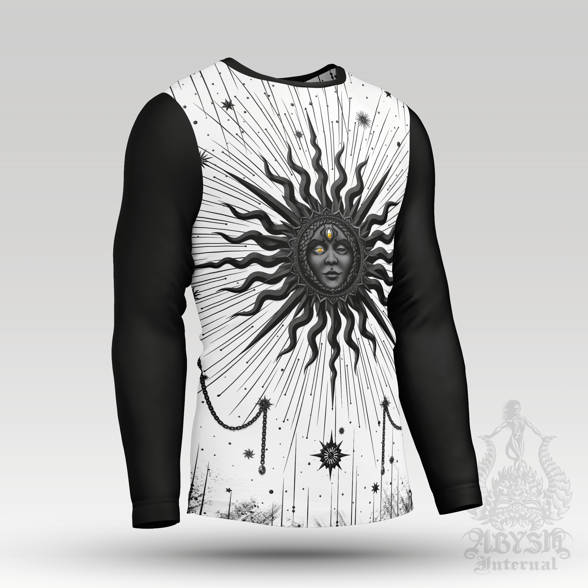 Black Sun Rash Guard - Witchy Long Sleeve Surf Shirt, White Goth Tarot Arcana Sports Top | Esoteric Art UV Protection Activewear for Men and Women - Abysm Internal