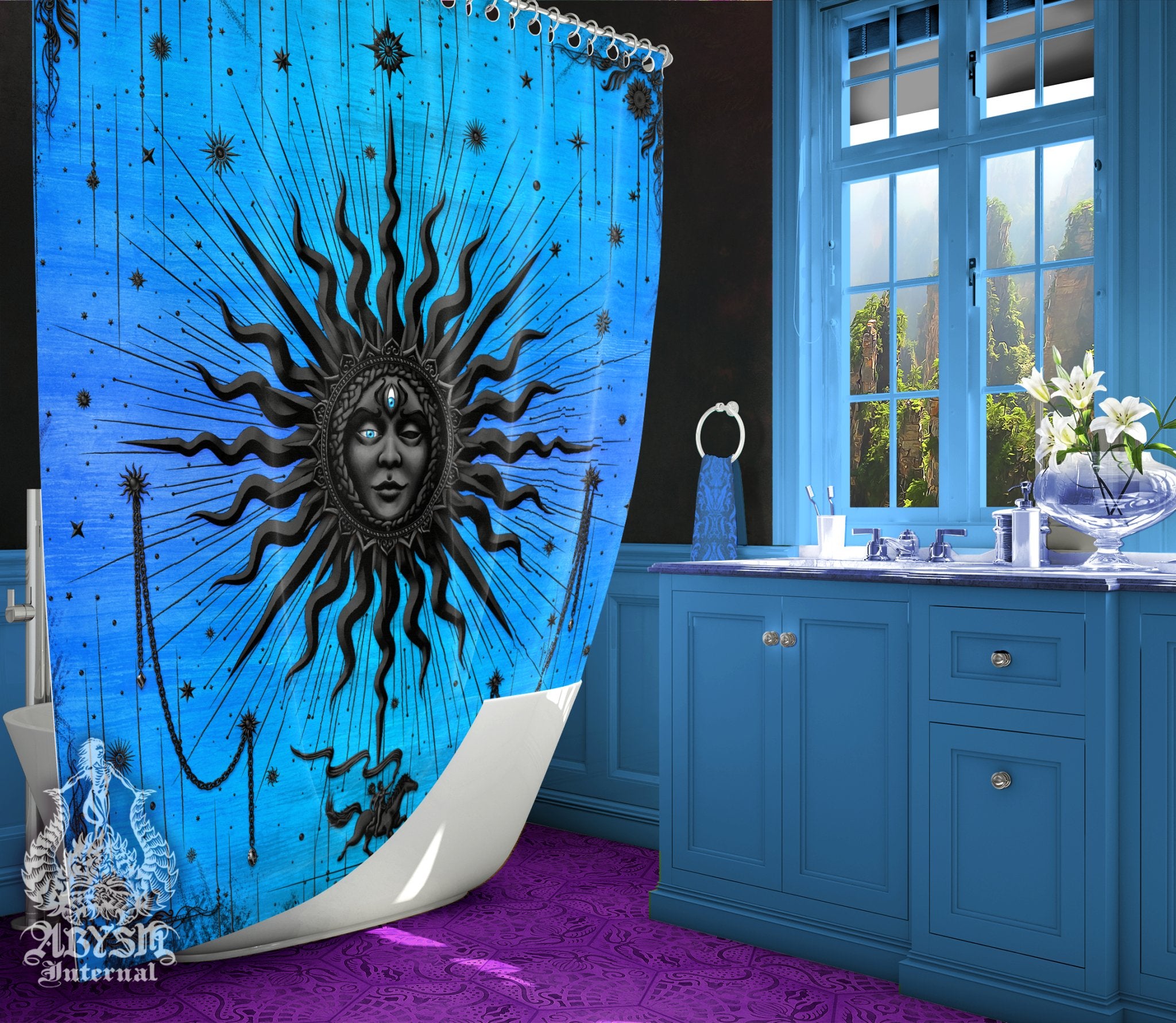 Black Sun Shower Curtain, 71x74 inches, Indie Bathroom Decor, Tarot Arcana, Esoteric Art Print, Boho Home - Cyan Blue - Abysm Internal