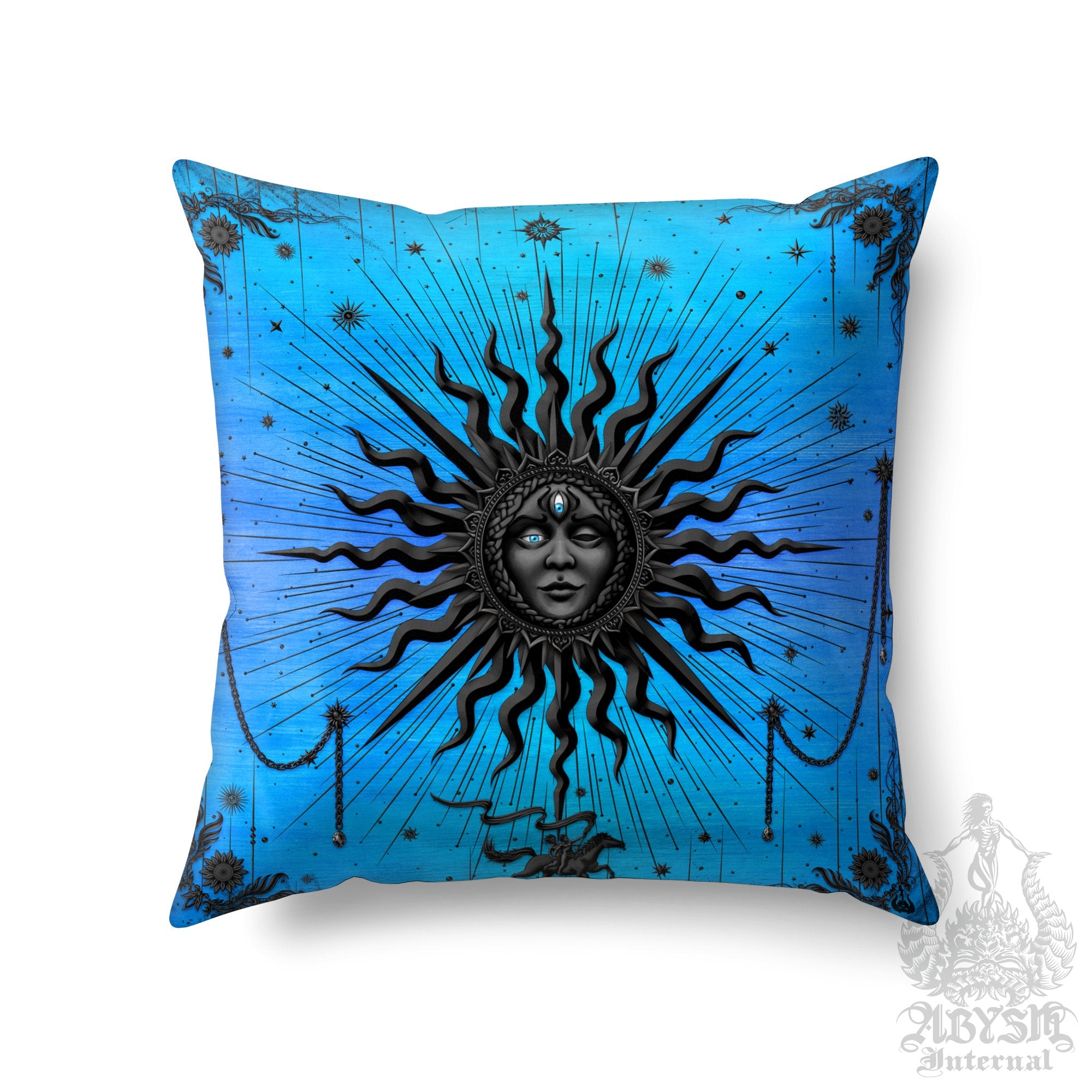 Black Sun Throw Pillow, Decorative Accent Pillow, Square Cushion Cover, Arcana Tarot Art, Witchy Home, Witch, Fortune & Magic Room Decor - Cyan - Abysm Internal