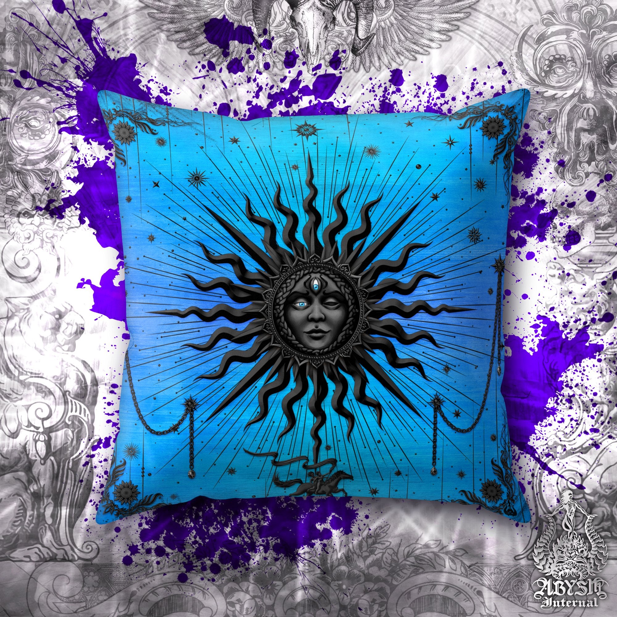 Black Sun Throw Pillow, Decorative Accent Pillow, Square Cushion Cover, Arcana Tarot Art, Witchy Home, Witch, Fortune & Magic Room Decor - Cyan - Abysm Internal