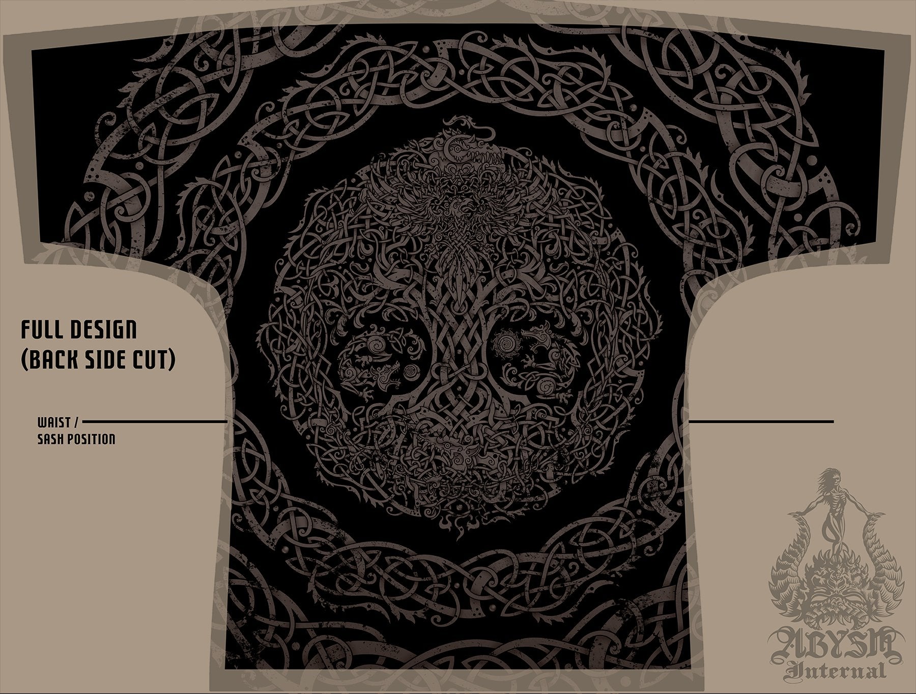 Black Viking Short Kimono Robe, Beach Party Outfit, Yggdrasil Coverup, Summer Festival, Norse Alternative Clothing, Unisex - Tree of Life, Grey Grit - Abysm Internal