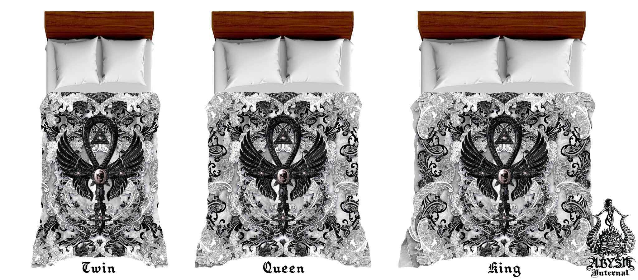 Black & White Goth Comforter or Duvet, Ankh Bed Cover, Gothic Bedroom Decor, King, Queen & Twin Bedding Set - Abysm Internal
