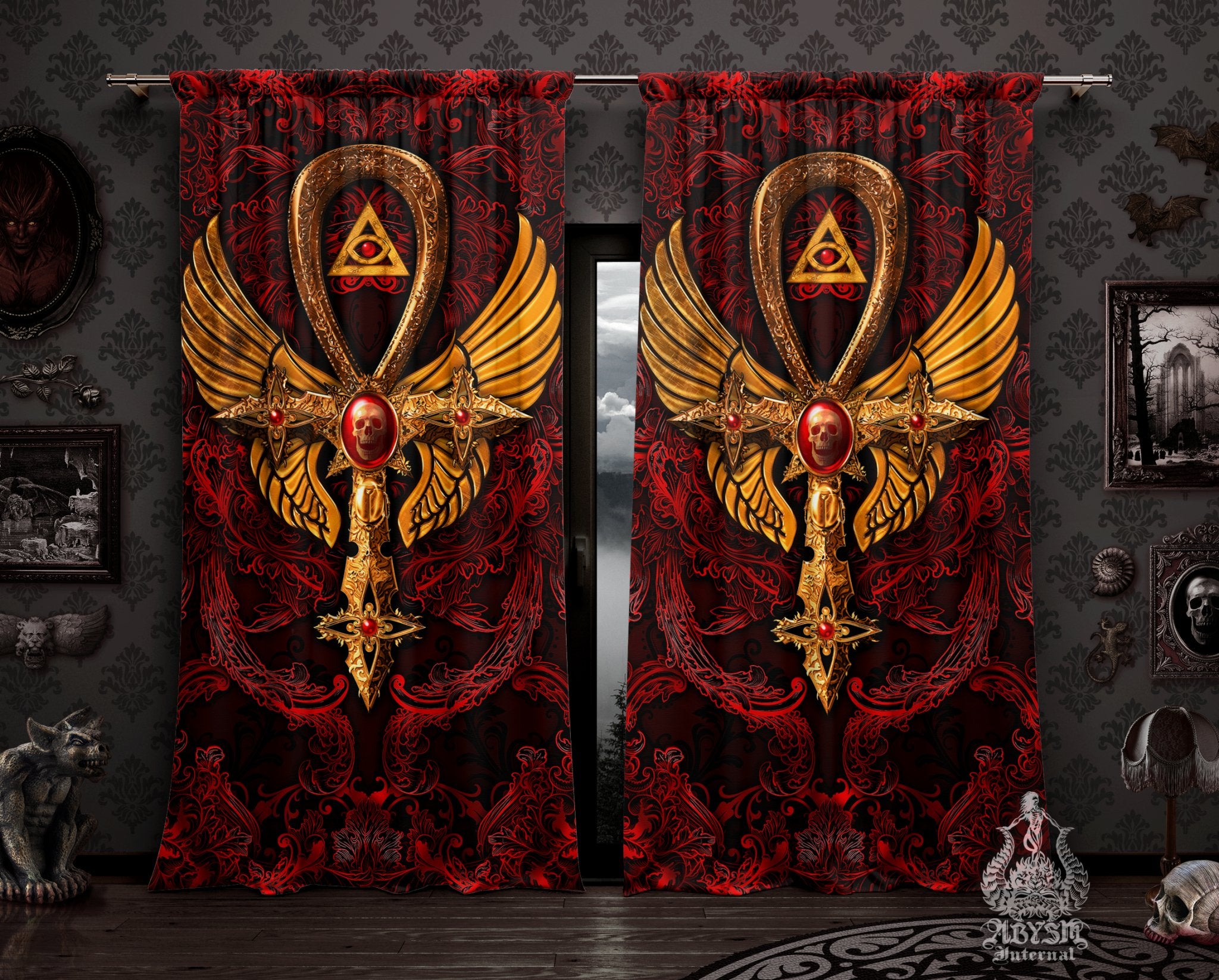 Bloody Goth Curtains, 50x84' Printed Window Panels, Gothic Home Decor, Art Print - Ankh Cross, Dark Gold, Red and Black, 3 Colors - Abysm Internal