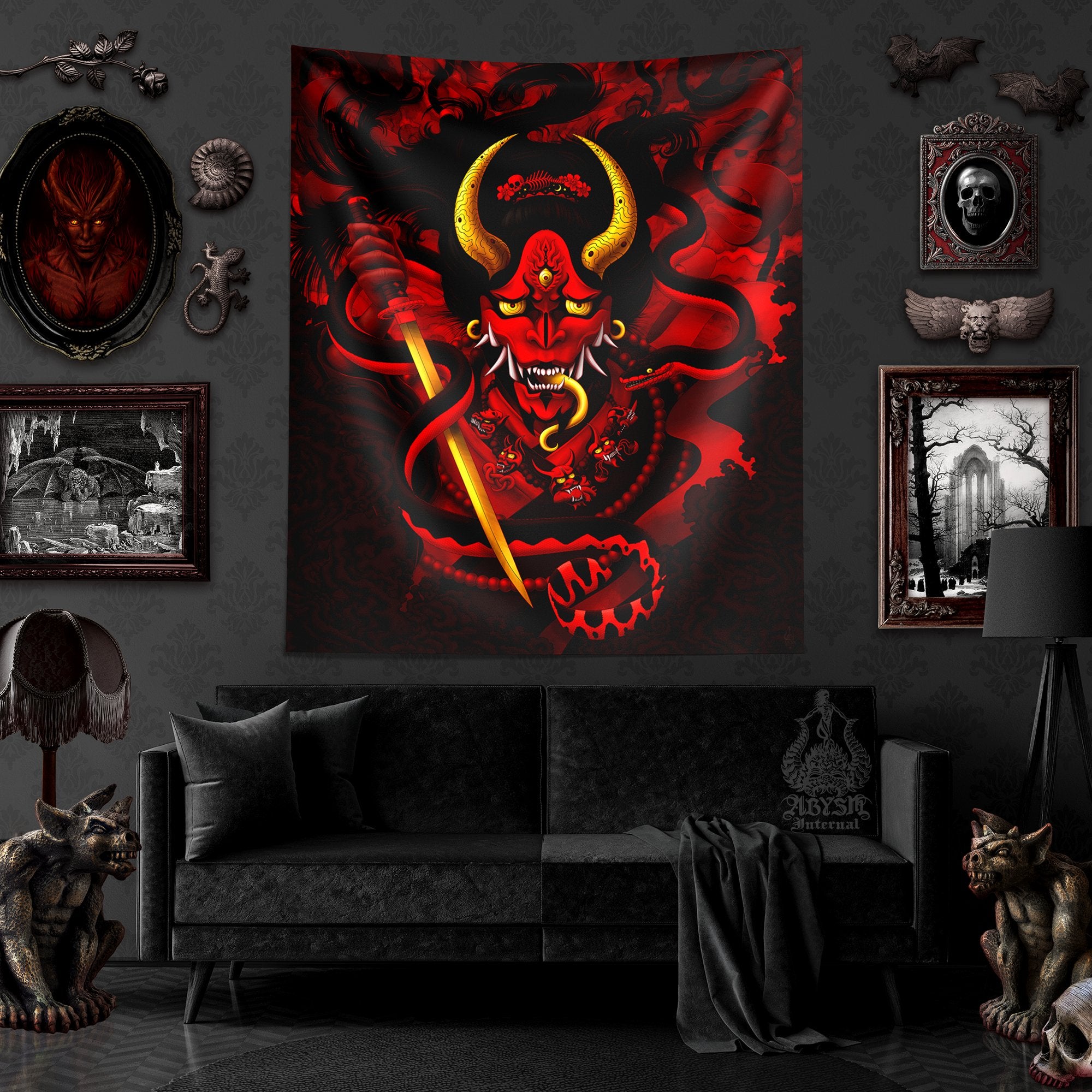 Bloody Goth Hannya Tapestry, Gothic Japanese Demon and Snake Wall Hanging, Anime, Manga and Gamer Room Decor, Vertical Art Print - Red Black - Abysm Internal