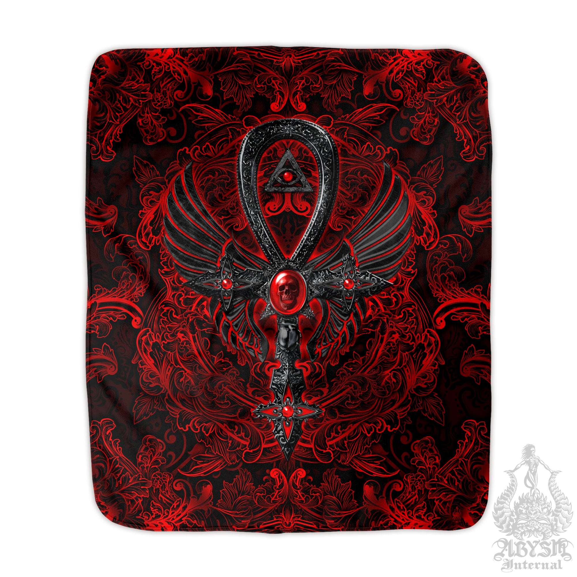 Bloody Goth Sherpa Fleece Throw Blanket, Gothic Home Decor, Alternative Art Gift - Ankh Cross, Dark Red, Black and Gold, 3 Colors - Abysm Internal