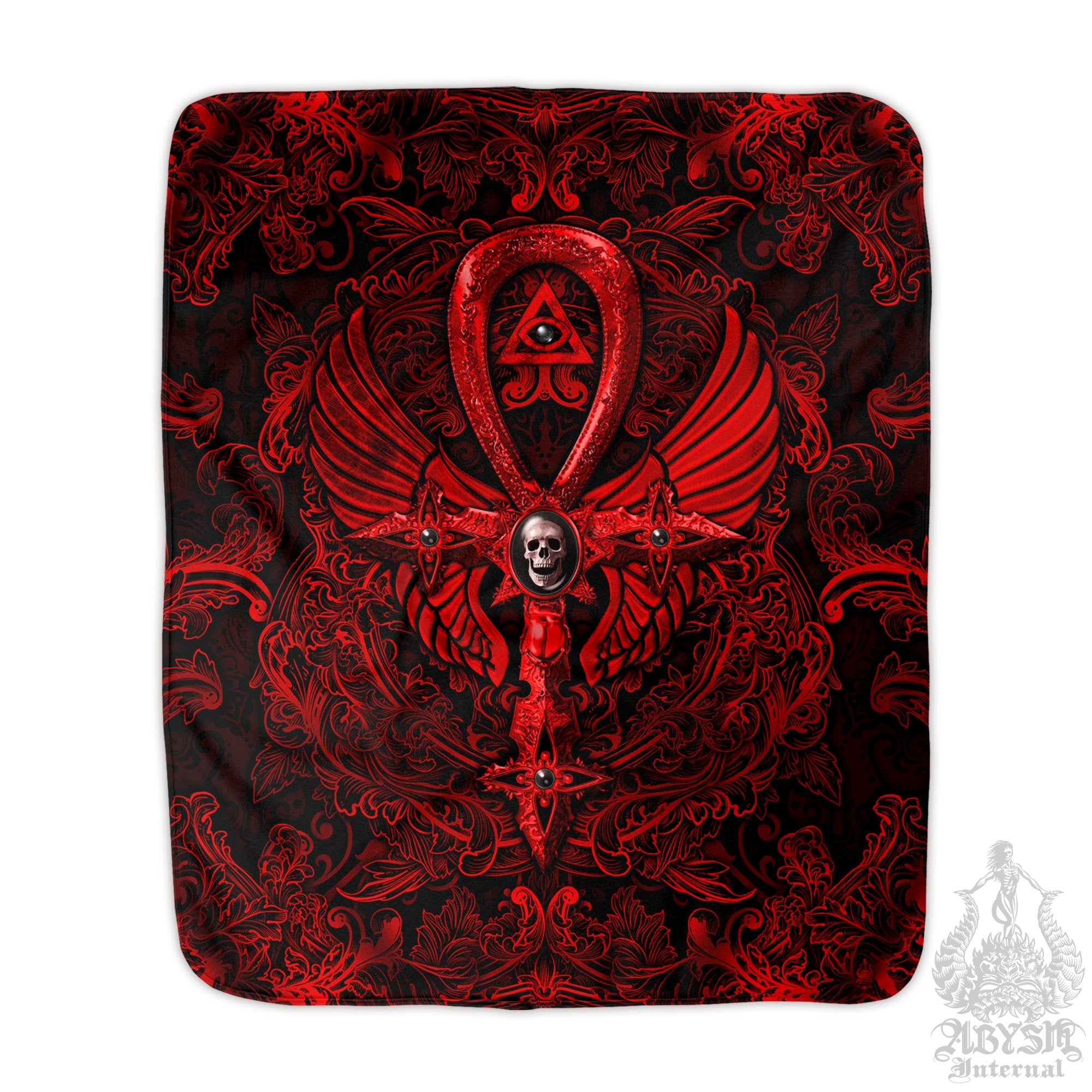Bloody Goth Sherpa Fleece Throw Blanket, Gothic Home Decor, Alternative Art Gift - Ankh Cross, Dark Red, Black and Gold, 3 Colors - Abysm Internal