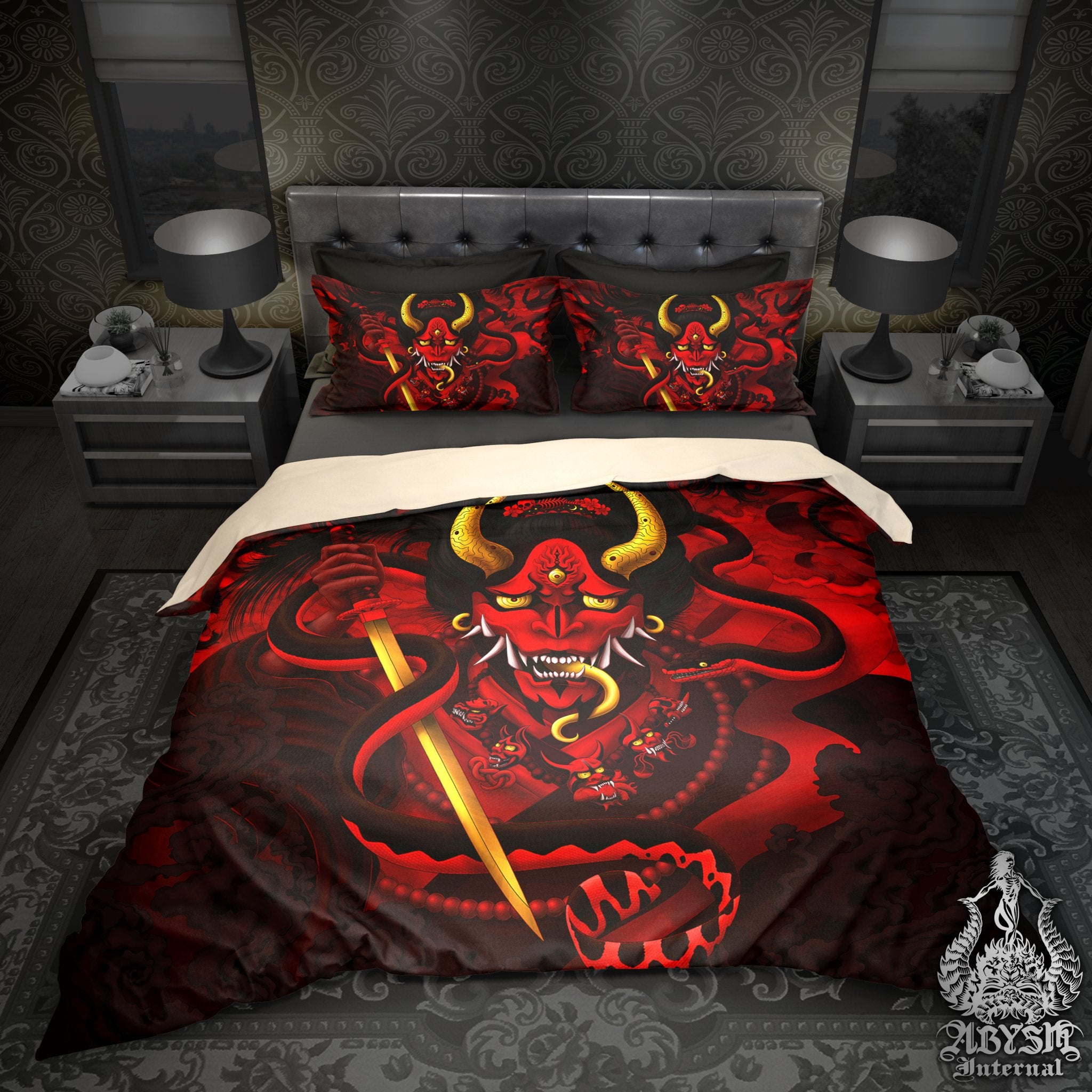 Bloody Gothic Demon Bedding Set, Comforter or Duvet, Japanese Hannya Bed Cover, Goth Anime Bedroom Decor, King, Queen & Twin Size - Red Snake - Abysm Internal