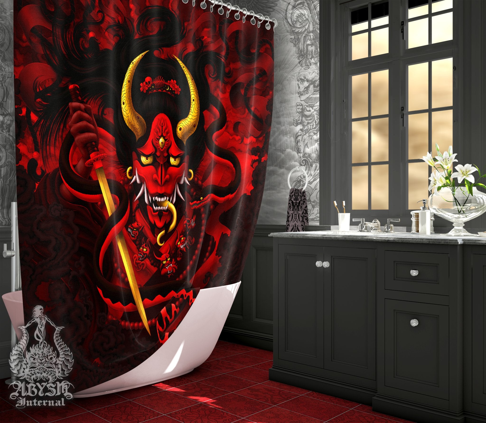 Bloody Gothic Demon Shower Curtain, 71x74 inches, Japanese Youkai Anime and Gamer Bathroom Decor - Hannya and Snake, Red - Abysm Internal