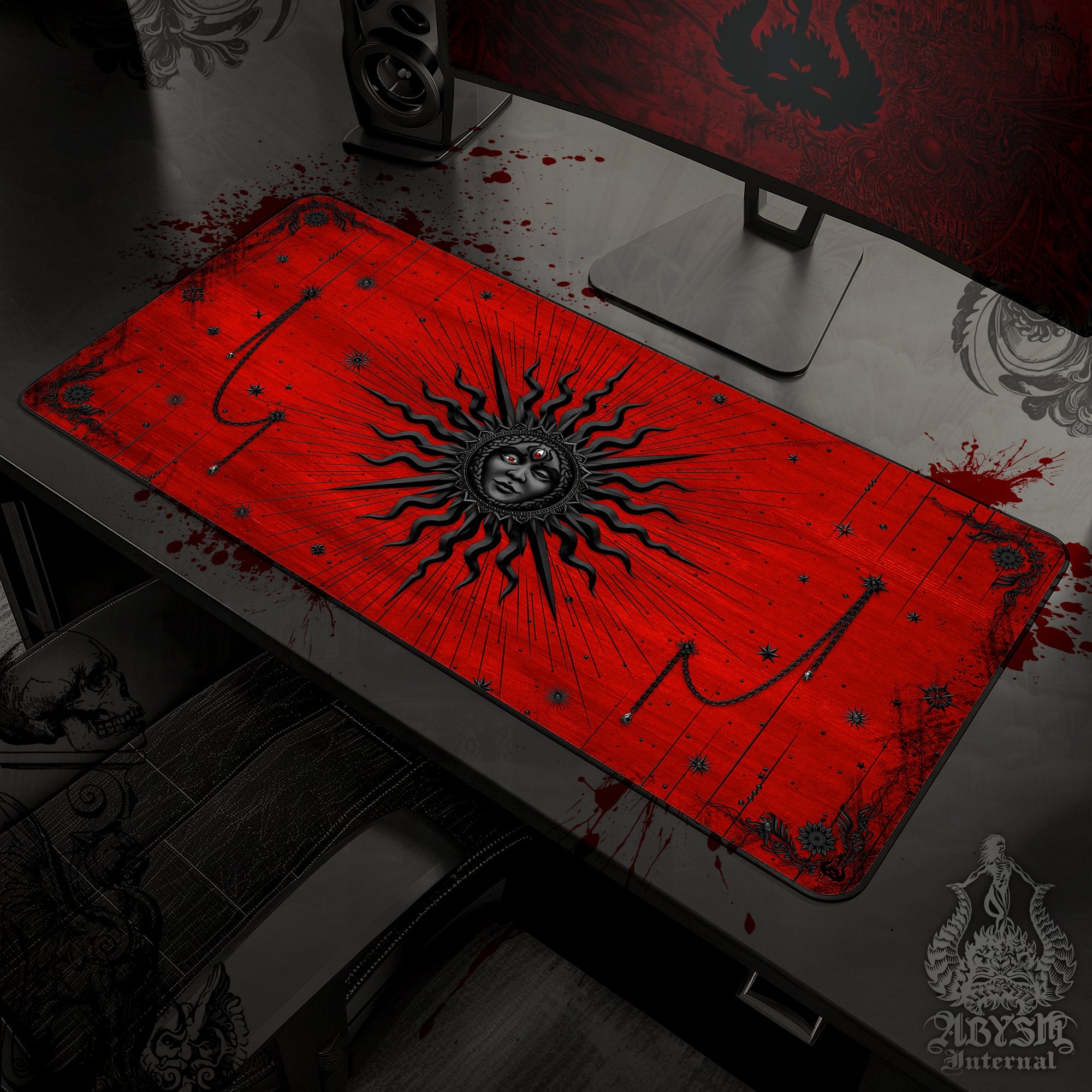 Bloody Gothic Desk Mat, Sun Gaming Mouse Pad, Tarot Arcana Table Protector Cover, Witch Workpad, Esoteric Art Print - Black Red - Abysm Internal