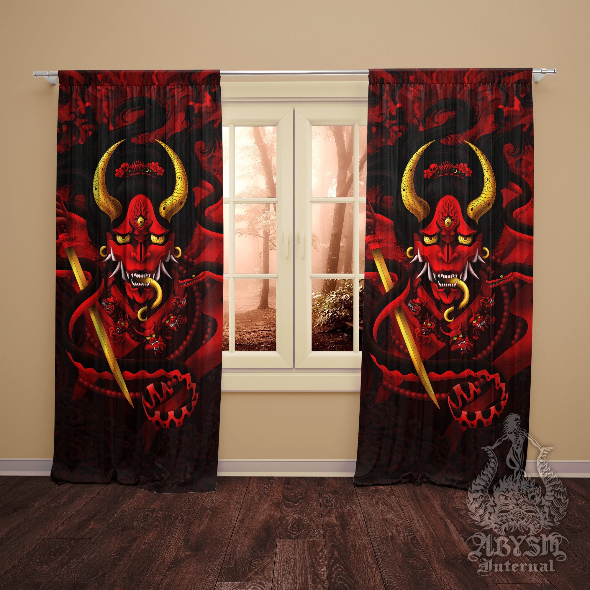 Bloody Gothic Hannya Curtains, 50x84' Printed Window Panels, Goth Japanese Demon, Dark Fantasy Decor, Anime and Game Room Art Print - Snake, Black Red - Abysm Internal