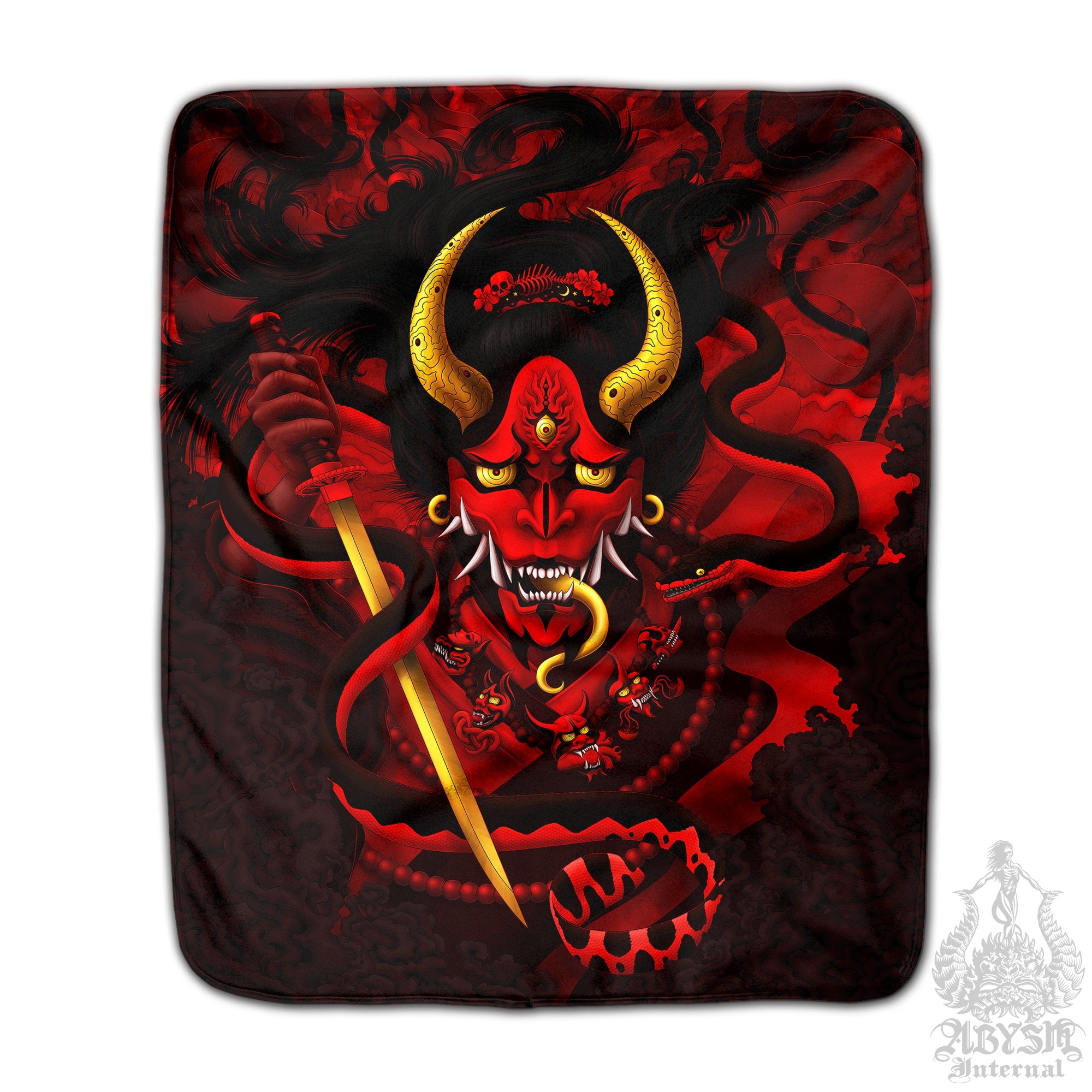 Bloody Gothic Hannya Sherpa Fleece Throw Blanket, Japanese Demon, Goth Anime and Gamer Room Decor - Snake, Red Black - Abysm Internal