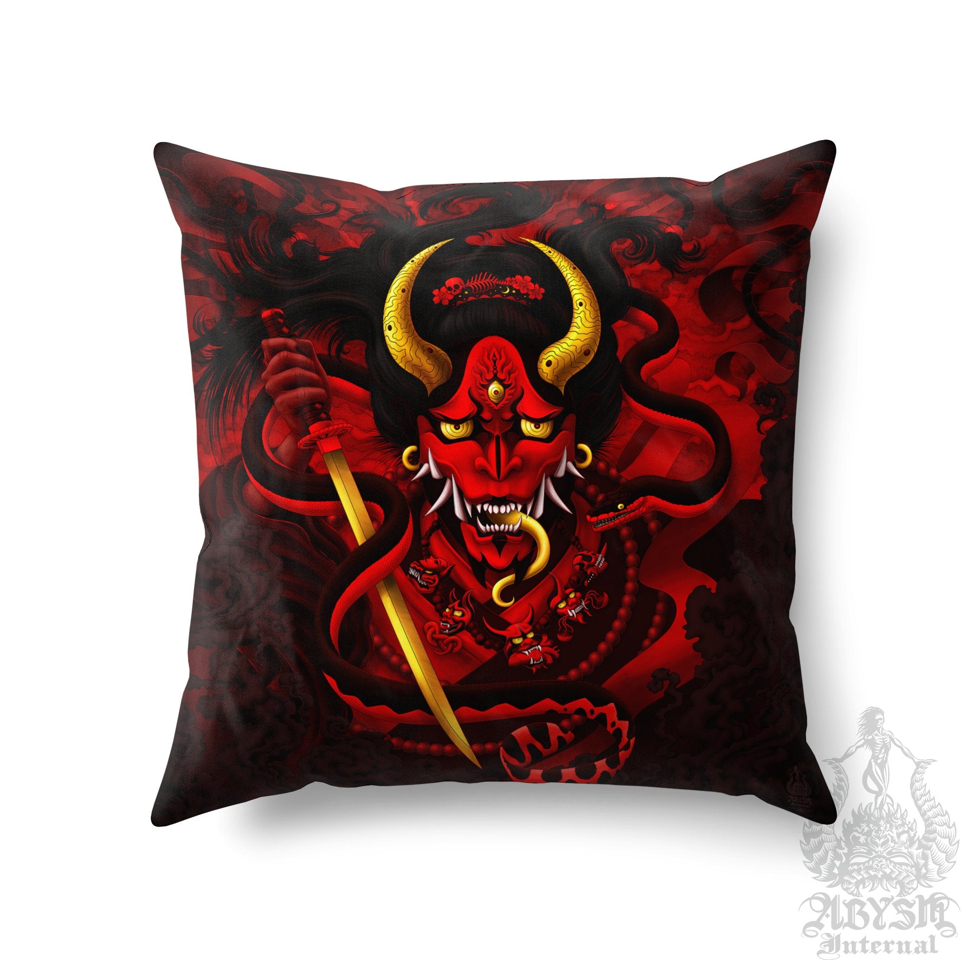 Bloody Gothic Hannya Throw Pillow, Decorative Accent Pillow, Square Cushion Cover, Japanese Demon & Red Snake, Goth Gamer Room Decor - Abysm Internal