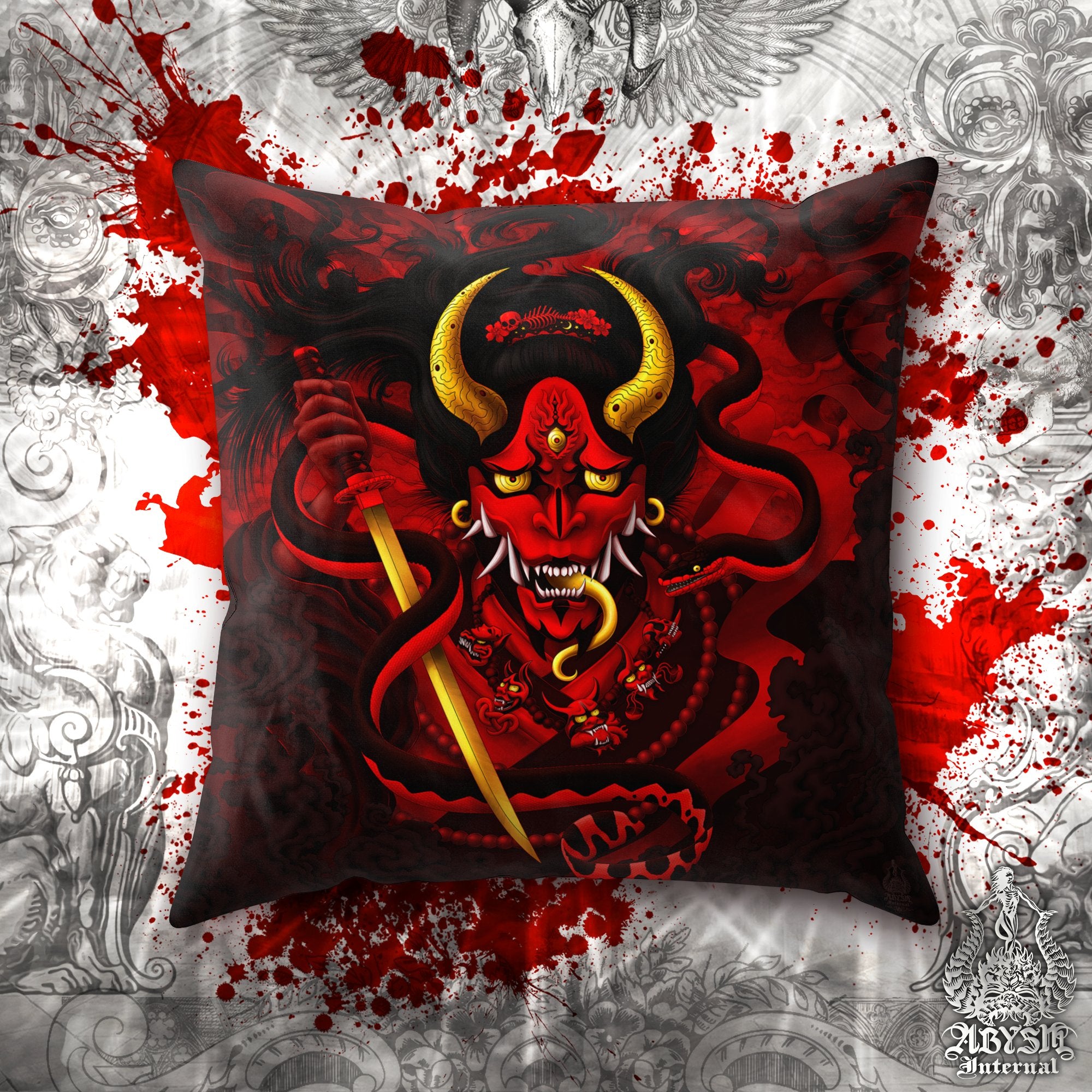 Bloody Gothic Hannya Throw Pillow, Decorative Accent Pillow, Square Cushion Cover, Japanese Demon & Red Snake, Goth Gamer Room Decor - Abysm Internal